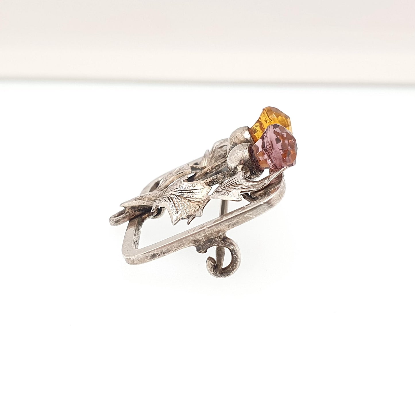 Antique Victorian Sterling Silver Thistle Brooch Amethyst & Citrine Pastes Scottish Flower of Scotland Celtic Vintage Jewelry Jewellery