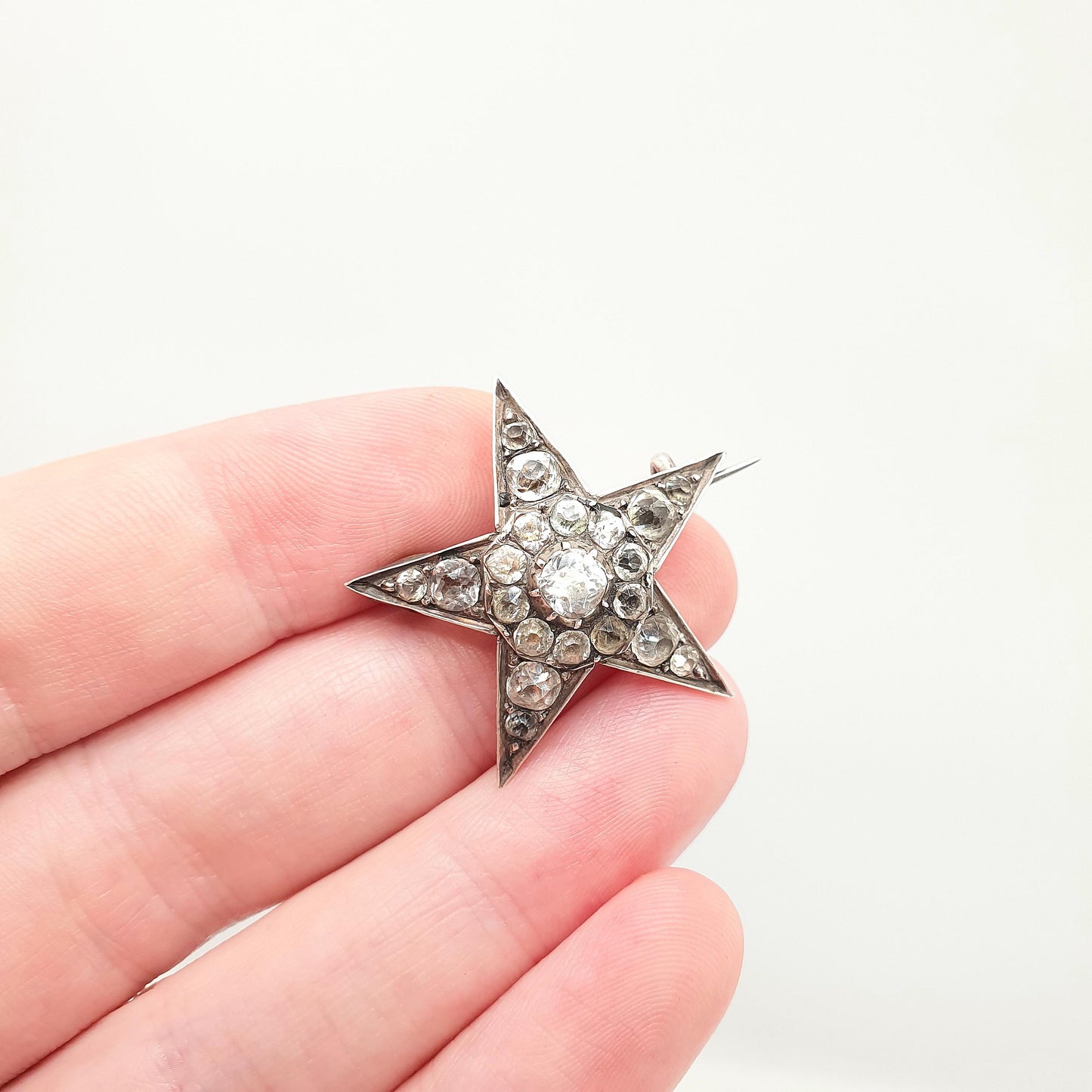 Antique Victorian Star Solid Silver Brooch Diamond Paste Old Cut Five Point Foiled Sparkly Starry Celestial Womens Jewelry Jewellery Vintage
