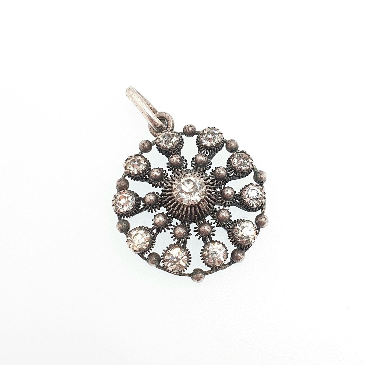 Antique Solid Silver Diamond Paste Pendant Necklace Scandinavian Filigree Norwegian Solje Style Foiled Sparkly Womens Jewelry Jewellery