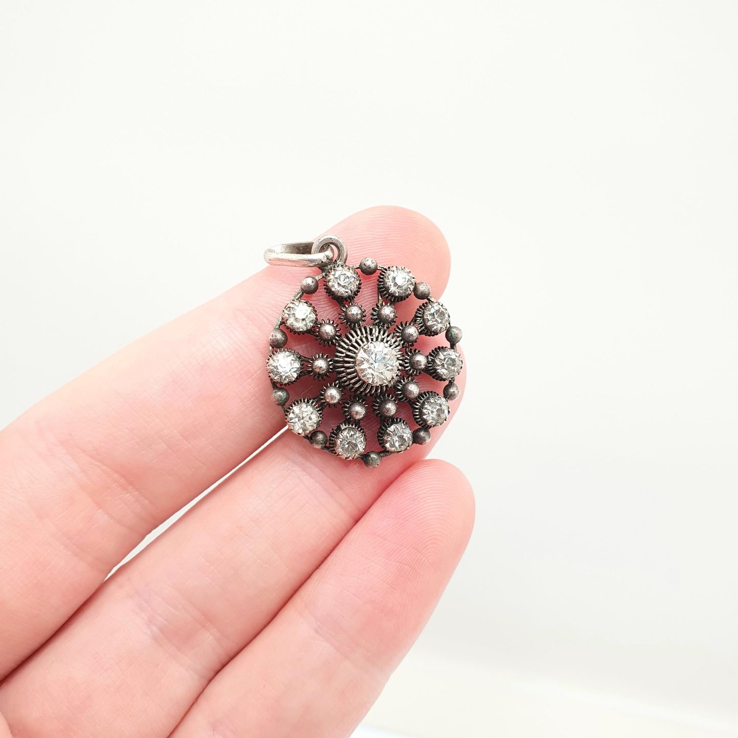 Antique Solid Silver Diamond Paste Pendant Necklace Scandinavian Filigree Norwegian Solje Style Foiled Sparkly Womens Jewelry Jewellery