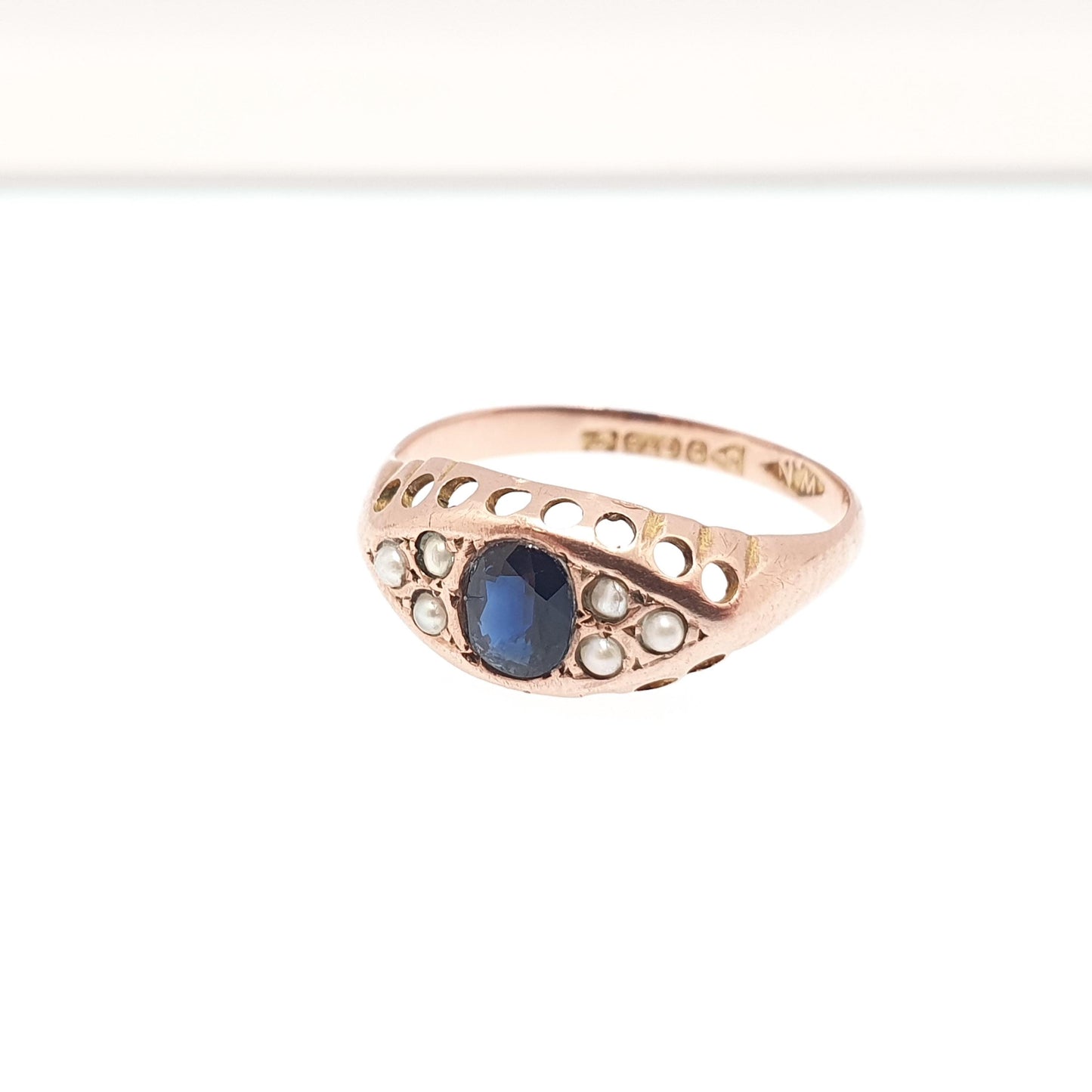 Antique 9ct Rose Gold Sapphire Ring 1918 Hallmark Seed Pearl Solid 375 9k 9kt Blue Oval Gemstone Womens Vintage Jewelry Jewellery