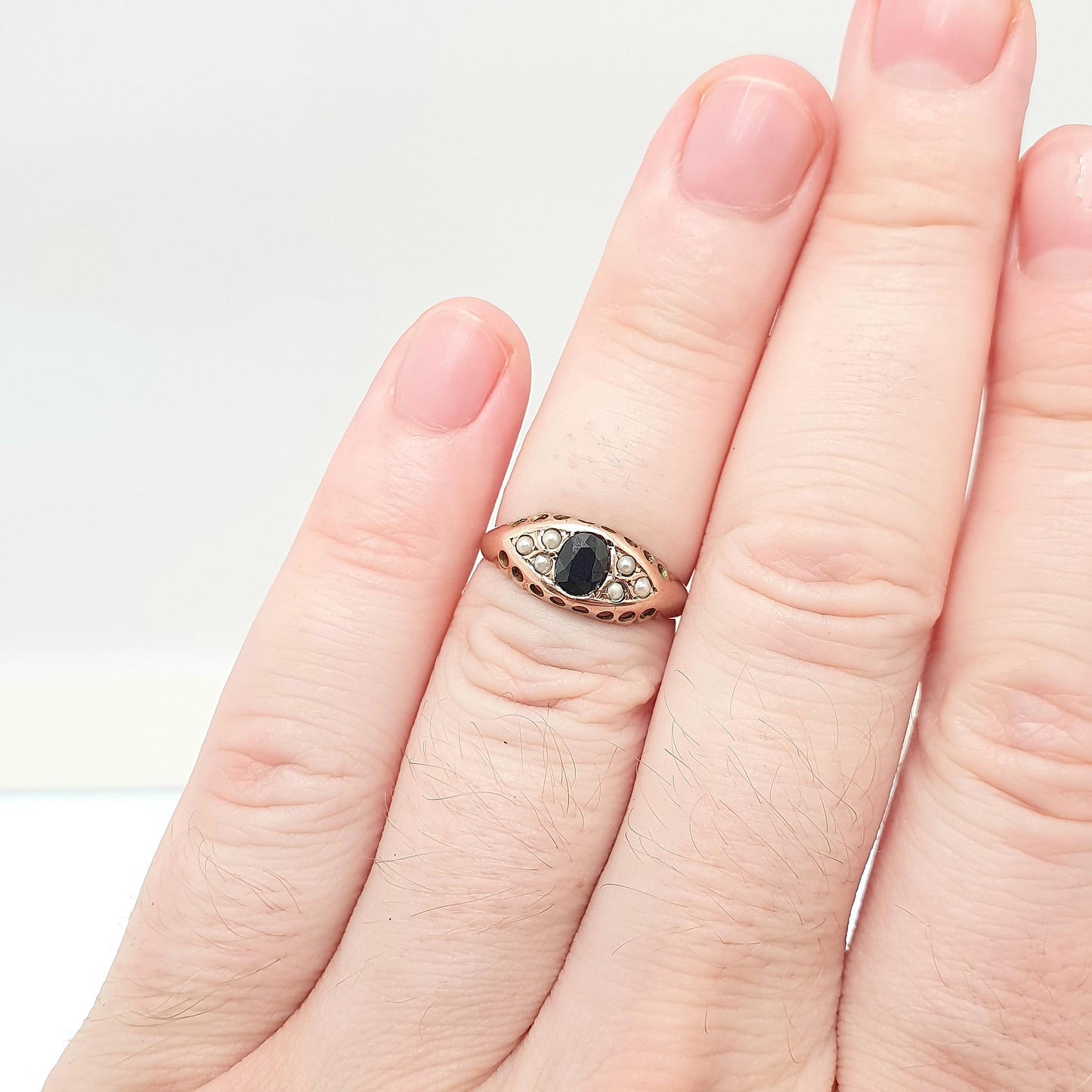 Antique 9ct Rose Gold Sapphire Ring 1918 Hallmark Seed Pearl Solid 375 9k 9kt Blue Oval Gemstone Womens Vintage Jewelry Jewellery