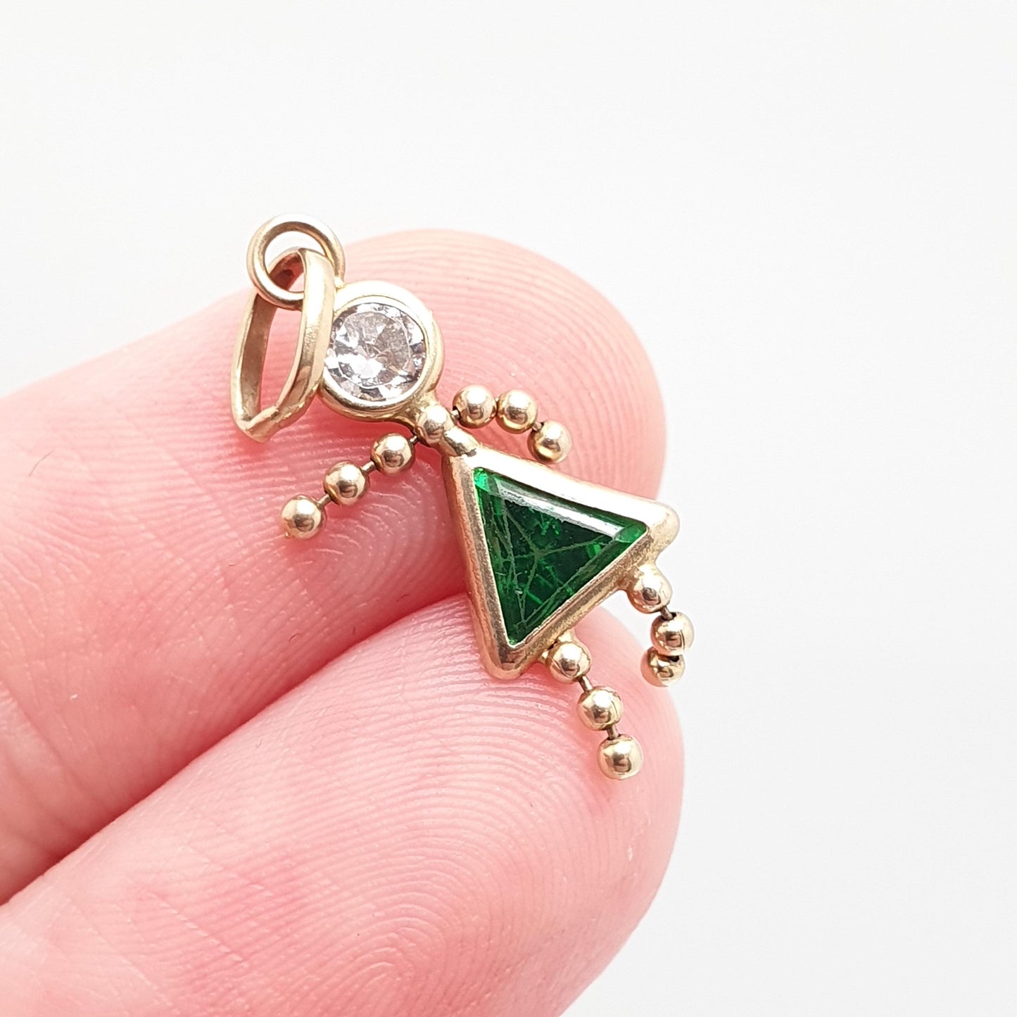 Vintage 10k Gold Girl Ragdoll Doll Pendant Necklace Charm Emerald Paste Solid 417 10kt Necklace Cute Retro Womens Jewelry Jewellery