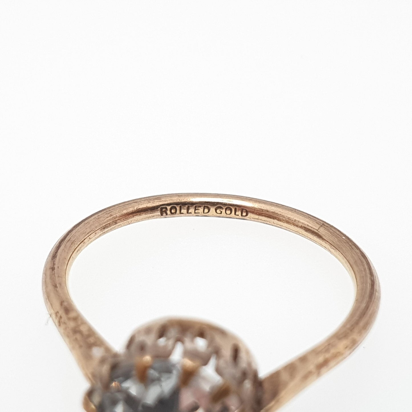 Antique Diamond Paste Rolled Gold Ring Solitaire Victorian Large Old Cut White Foiled Glass Vintage Ladies Womens Jewelry Jewellery