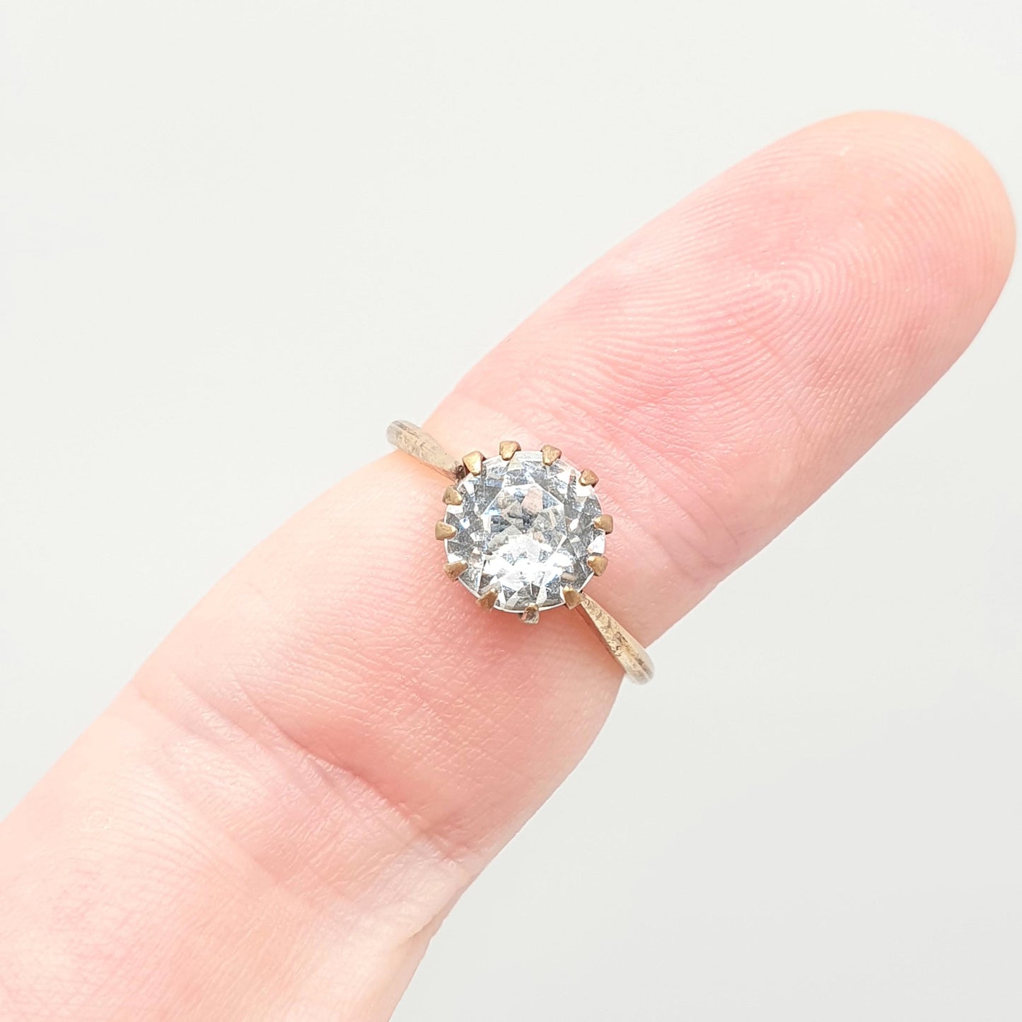 Antique Diamond Paste Rolled Gold Ring Solitaire Victorian Large Old Cut White Foiled Glass Vintage Ladies Womens Jewelry Jewellery