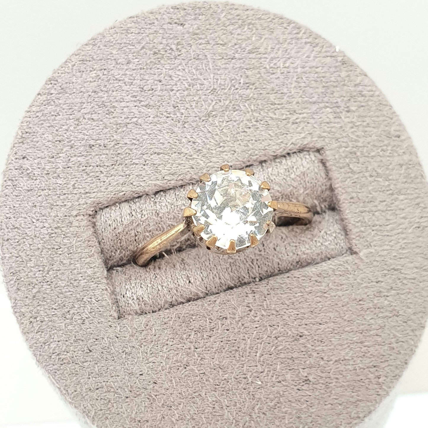 Antique Diamond Paste Rolled Gold Ring Solitaire Victorian Large Old Cut White Foiled Glass Vintage Ladies Womens Jewelry Jewellery