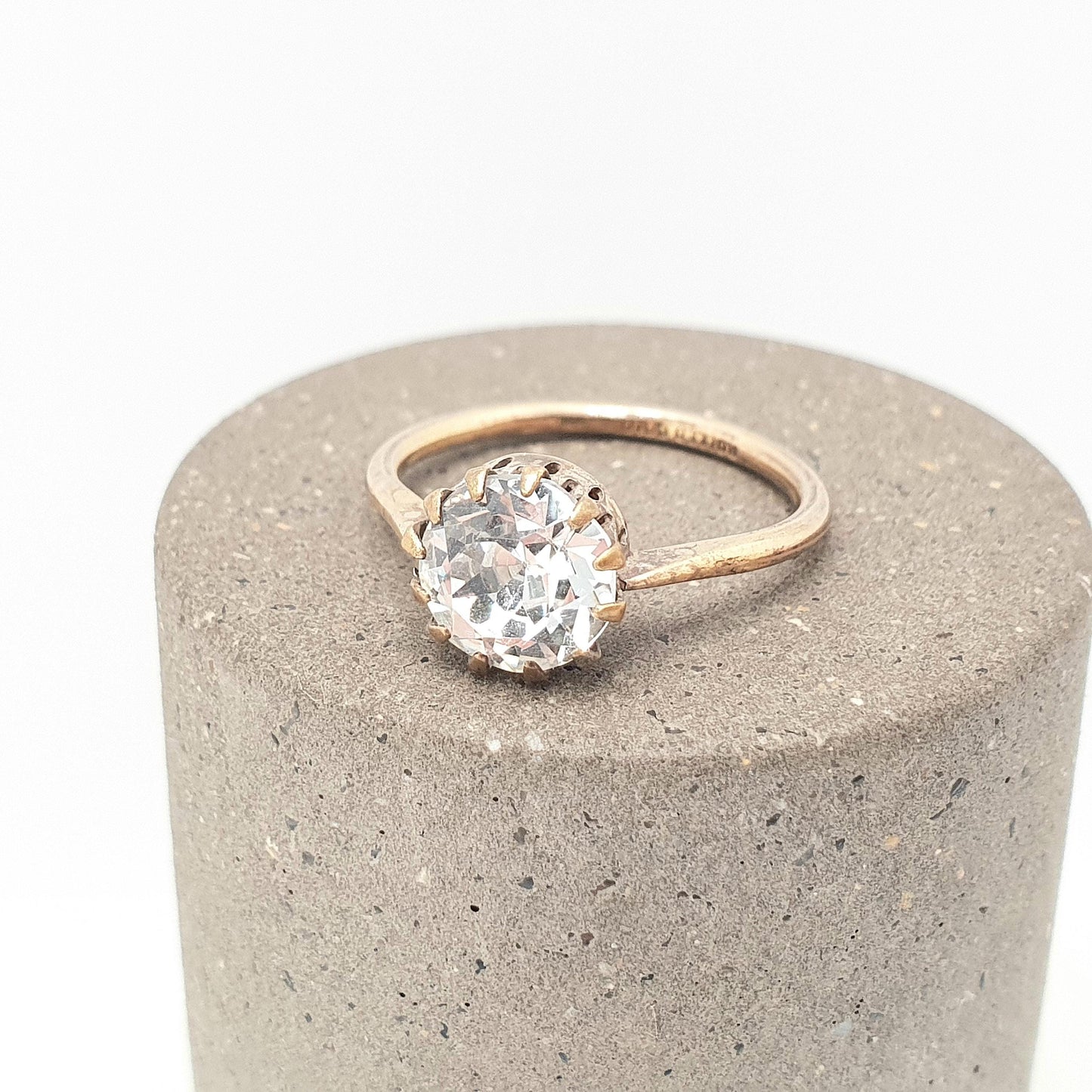 Antique Diamond Paste Rolled Gold Ring Solitaire Victorian Large Old Cut White Foiled Glass Vintage Ladies Womens Jewelry Jewellery