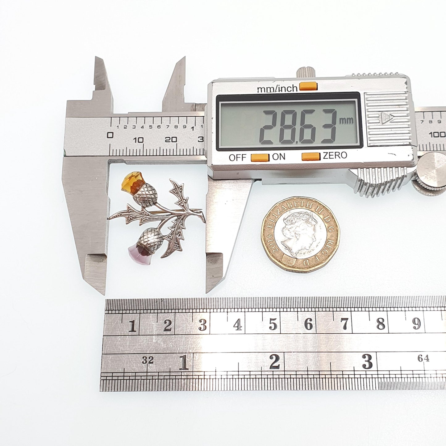 Old Vintage Sterling Silver Citrine Amethyst Thistle Paste Brooch Pin Scottish Flower 1961 Genuine Gemstone Celtic Gaelic Jewelry Jewellery