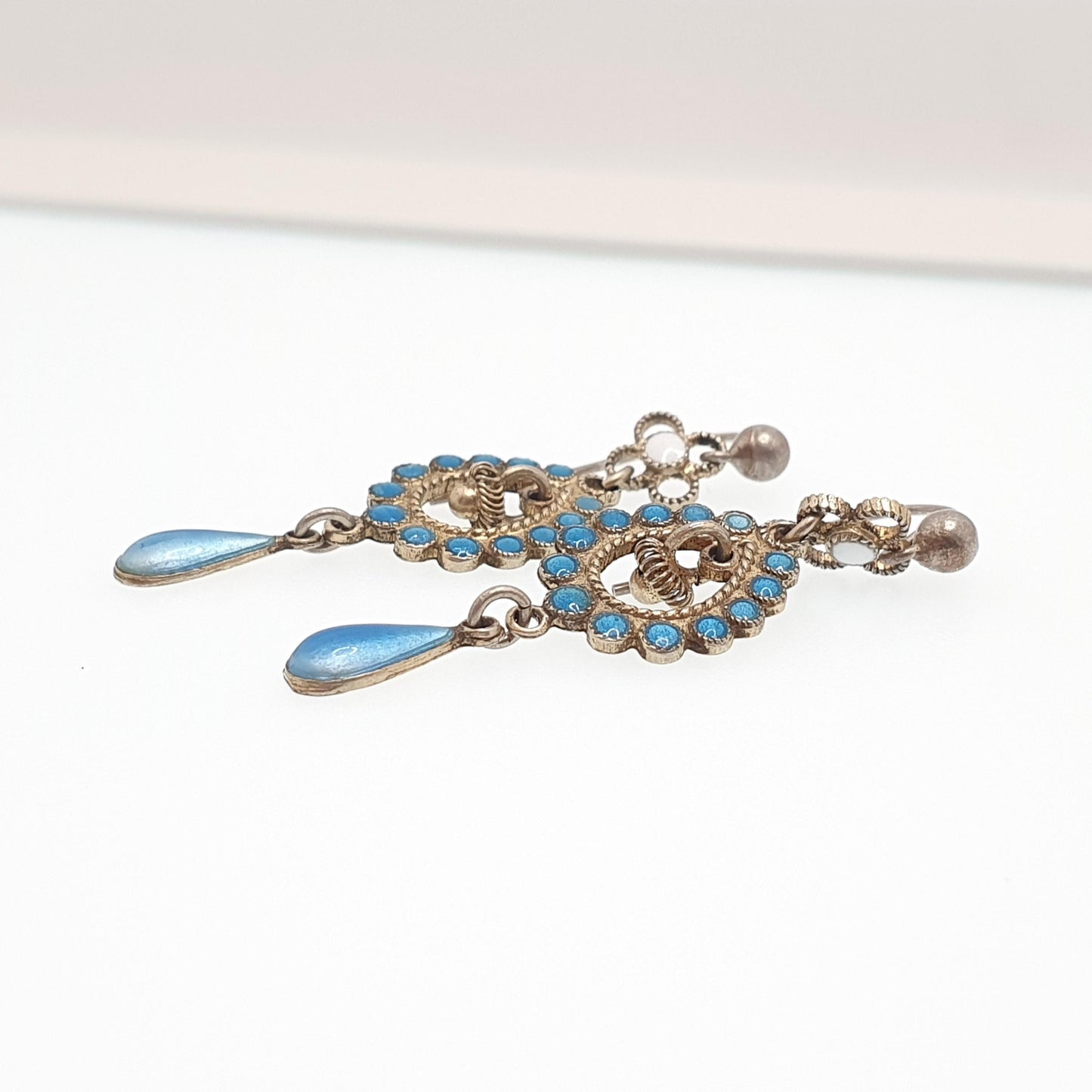 Antique Solid Silver Enamel Scandinavian Earrings Marius Hammer Style Gold Vermeil White Blue Hook Hanging Drop Womens Jewelry Jewellery