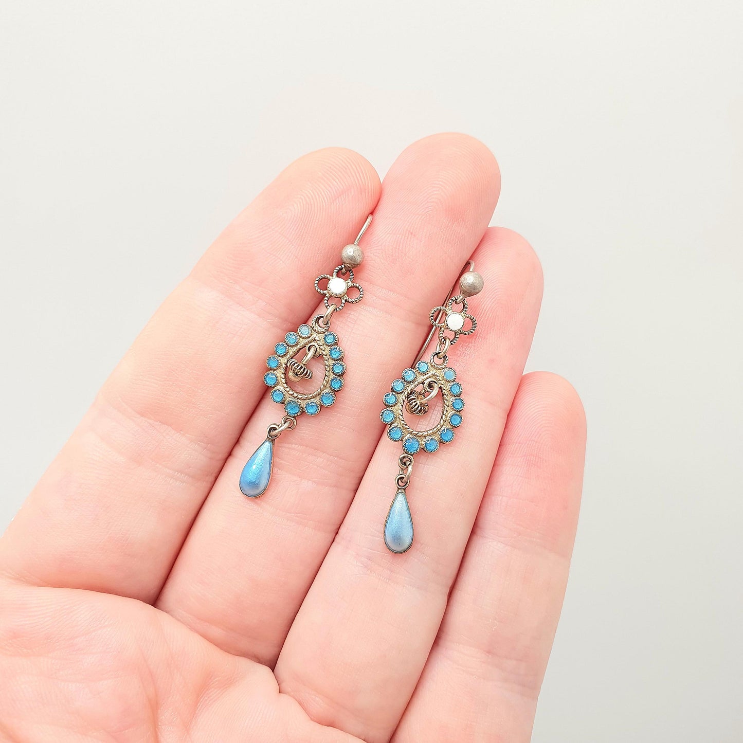 Antique Solid Silver Enamel Scandinavian Earrings Marius Hammer Style Gold Vermeil White Blue Hook Hanging Drop Womens Jewelry Jewellery