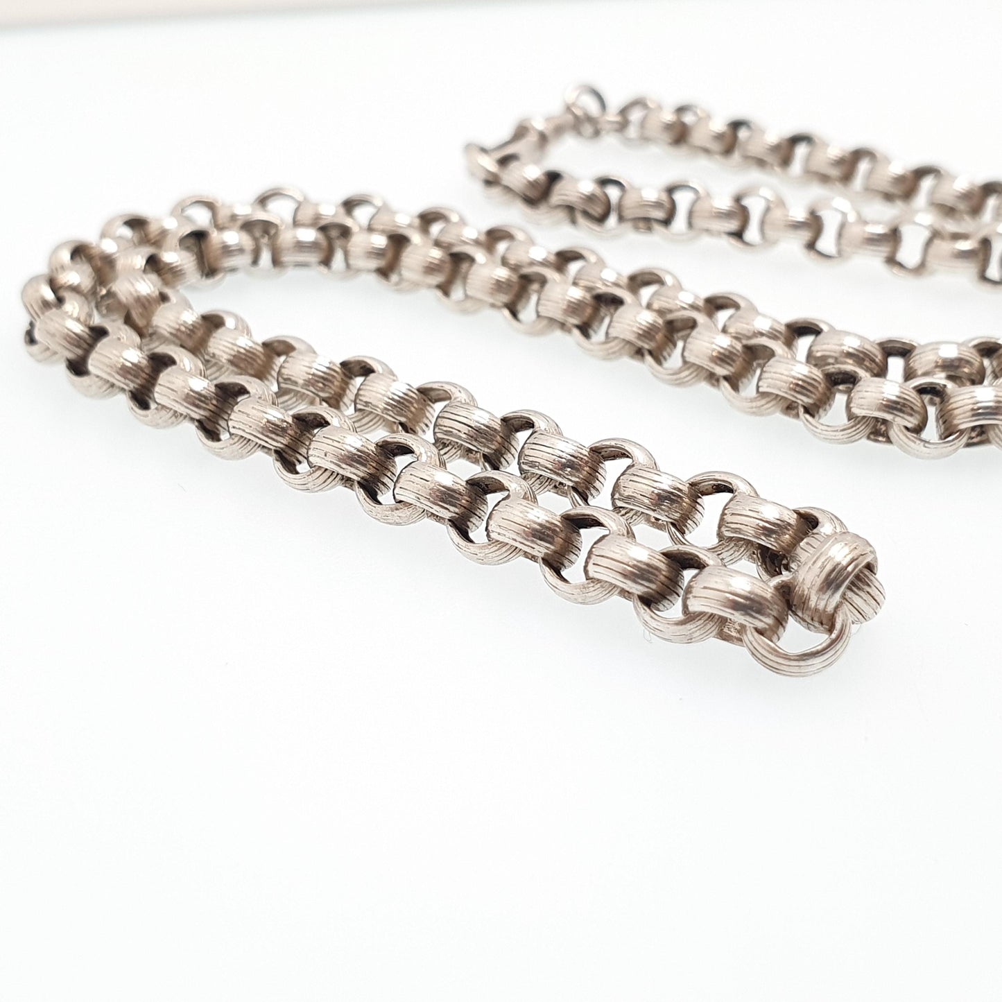 Antique Victorian Solid Silver Belcher Chain Necklace 51cm 20" 24.56g Rolo Link Dog Clip Chunky Thick Large 1800s Vintage Mens Womens