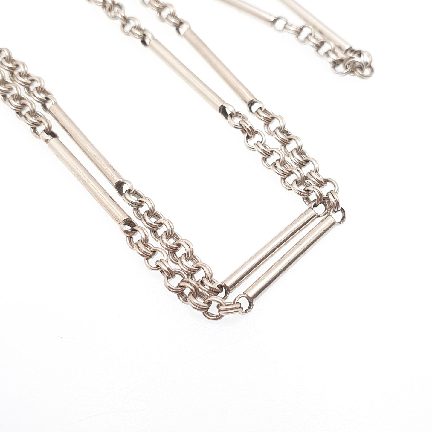 Antique Victorian Muff Chain Solid Silver Necklace Dog Clip 126cm 49.6" 28.15g Staple Bar & Rolo Link Long Guard Vintage Womens Jewelry