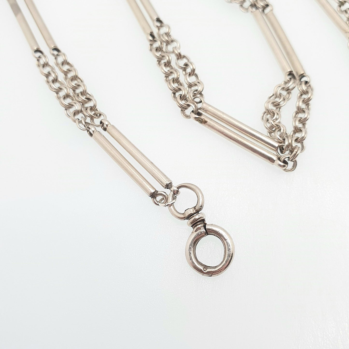 Antique Victorian Muff Chain Solid Silver Necklace Dog Clip 126cm 49.6" 28.15g Staple Bar & Rolo Link Long Guard Vintage Womens Jewelry