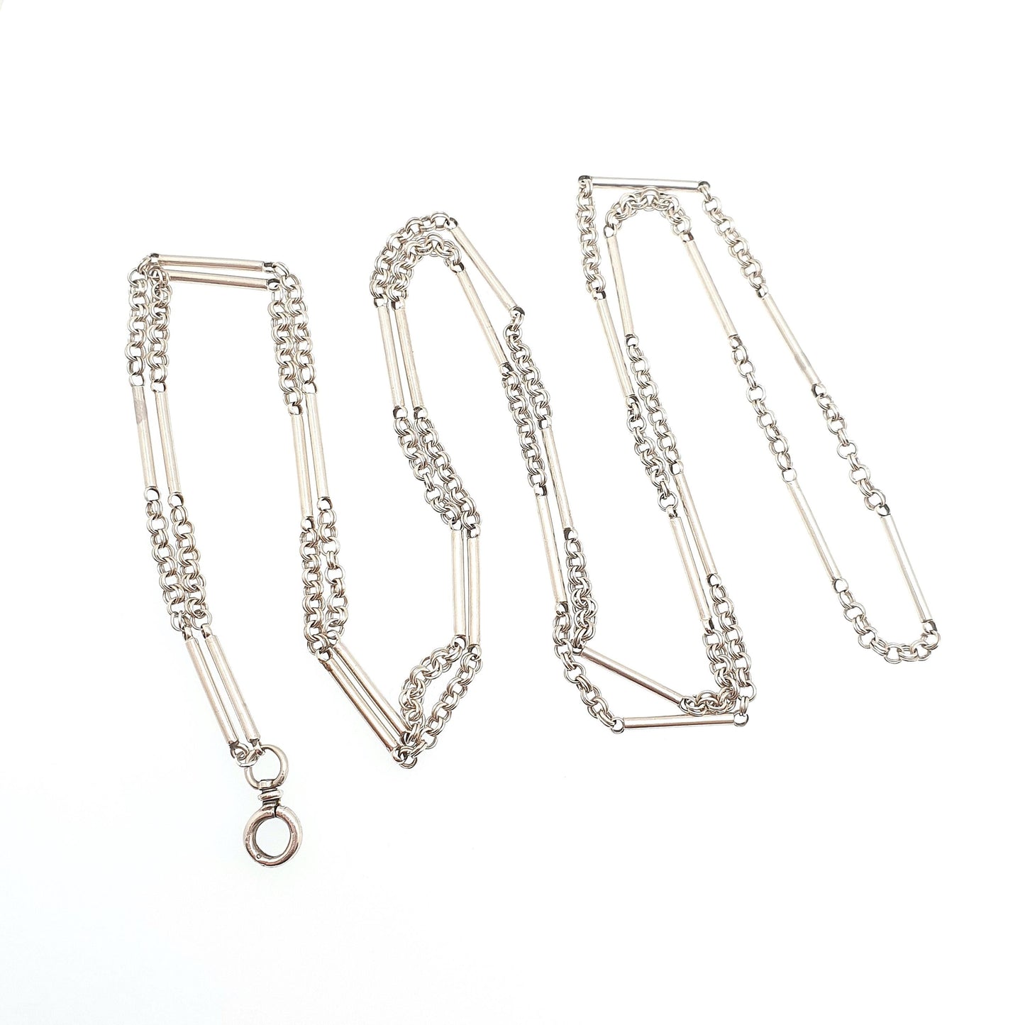 Antique Victorian Muff Chain Solid Silver Necklace Dog Clip 126cm 49.6" 28.15g Staple Bar & Rolo Link Long Guard Vintage Womens Jewelry