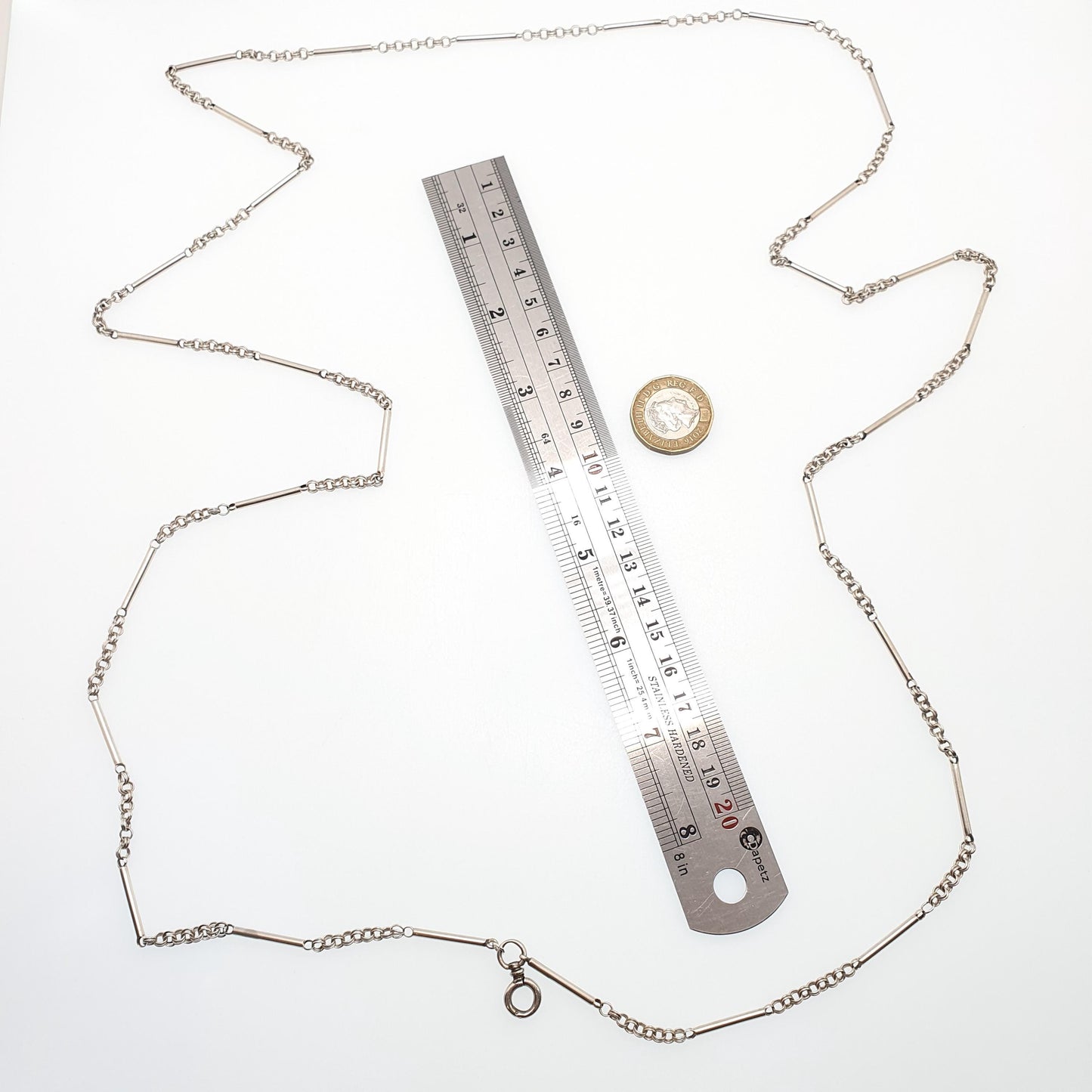 Antique Victorian Muff Chain Solid Silver Necklace Dog Clip 126cm 49.6" 28.15g Staple Bar & Rolo Link Long Guard Vintage Womens Jewelry