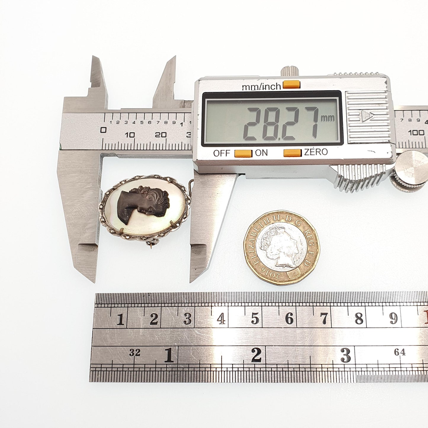 Antique Abalone Cameo Solid Silver Pendant Brooch Necklace Black White Shell Art Deco Marcasite Mother of Pearl Iridescent Womens Jewelry