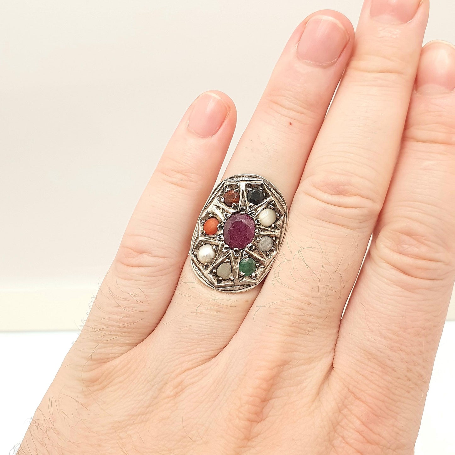 Vintage Sterling Silver Navaratna Ring Multi Gemstone Ruby Emerald Sapphire Thai Thailand Ratnas Topaz Citrine Large Cluster Vintage Jewelry