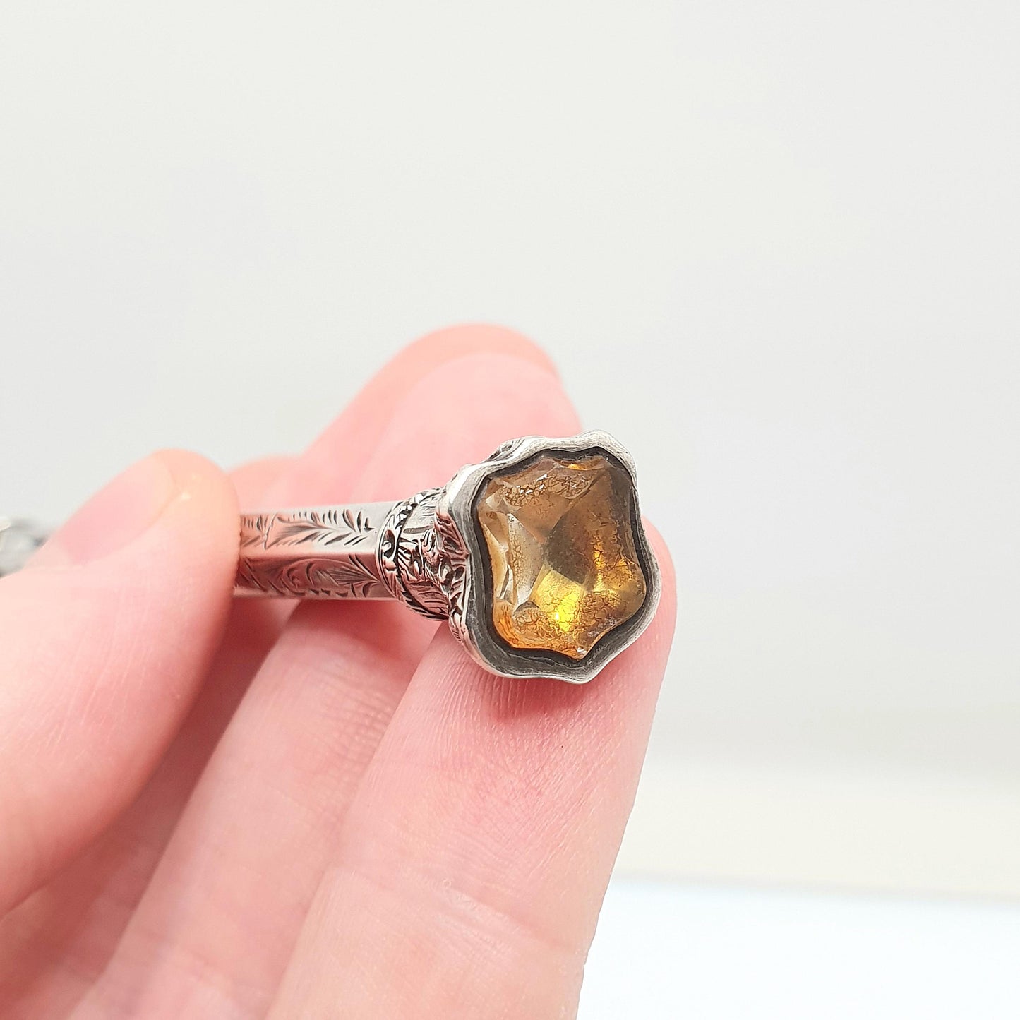 Antique Victorian Solid Silver Citrine Pencil Propelling Gemstone Fob Shield Engraved Fully Working Chased Writing Jewellery Jewelry
