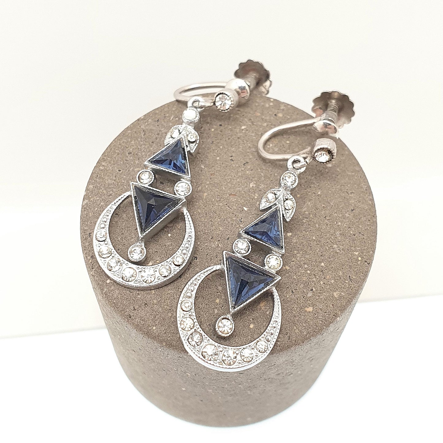 Antique Solid Silver Sapphire & Diamond Paste Earrings Crescent Moon Art Deco Pendulum Chandelier Hanging 1920s Vintage Jewelry Jewellery