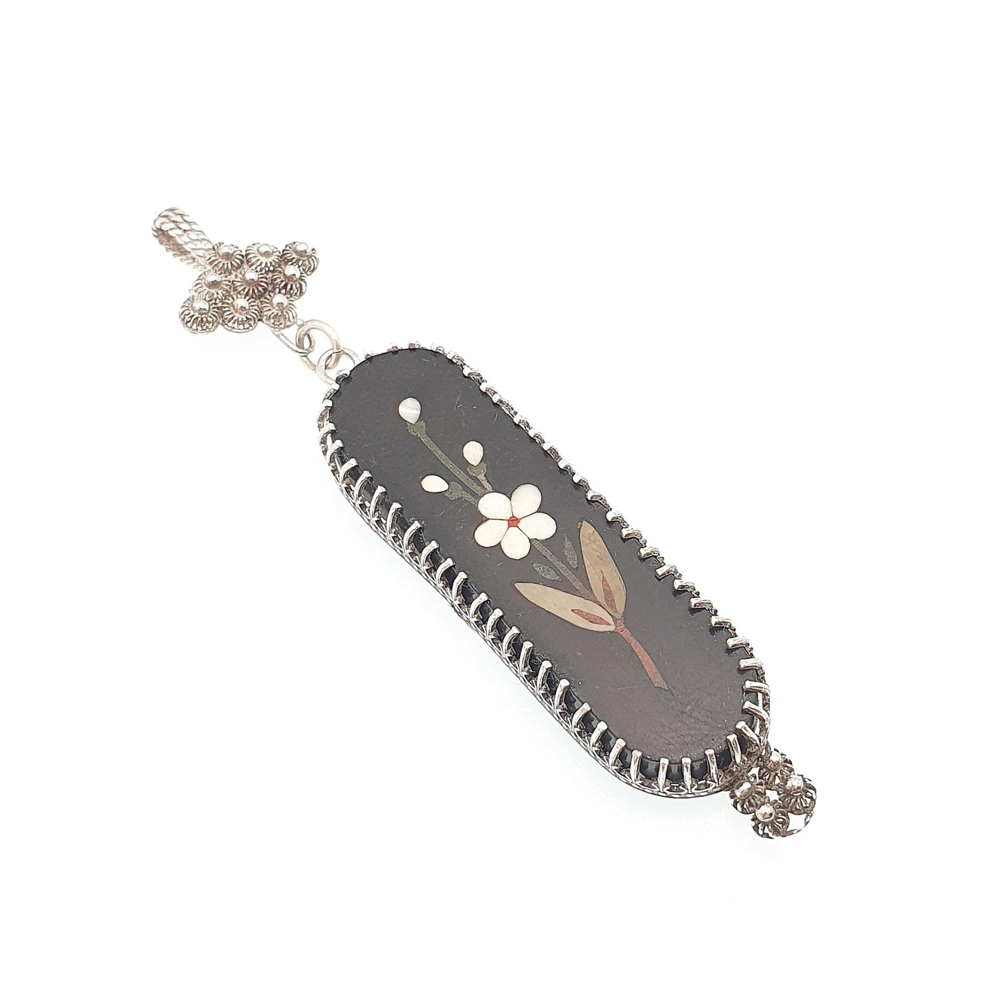 Antique Victorian Sterling Silver Pietra Dura Necklace Pendant Large Marble Flower Mosaic Solid 925 1800s Vintage Womens Jewellery Jewelry