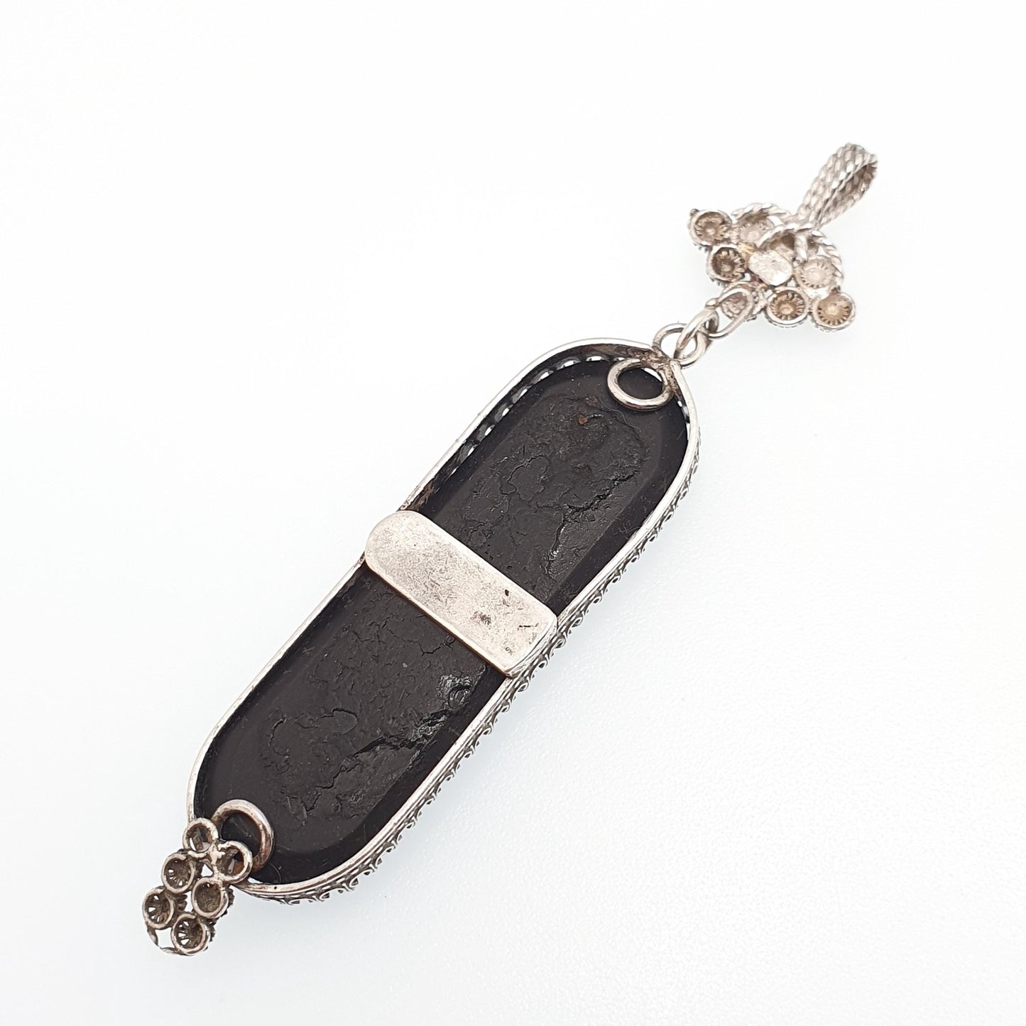 Antique Victorian Sterling Silver Pietra Dura Necklace Pendant Large Marble Flower Mosaic Solid 925 1800s Vintage Womens Jewellery Jewelry