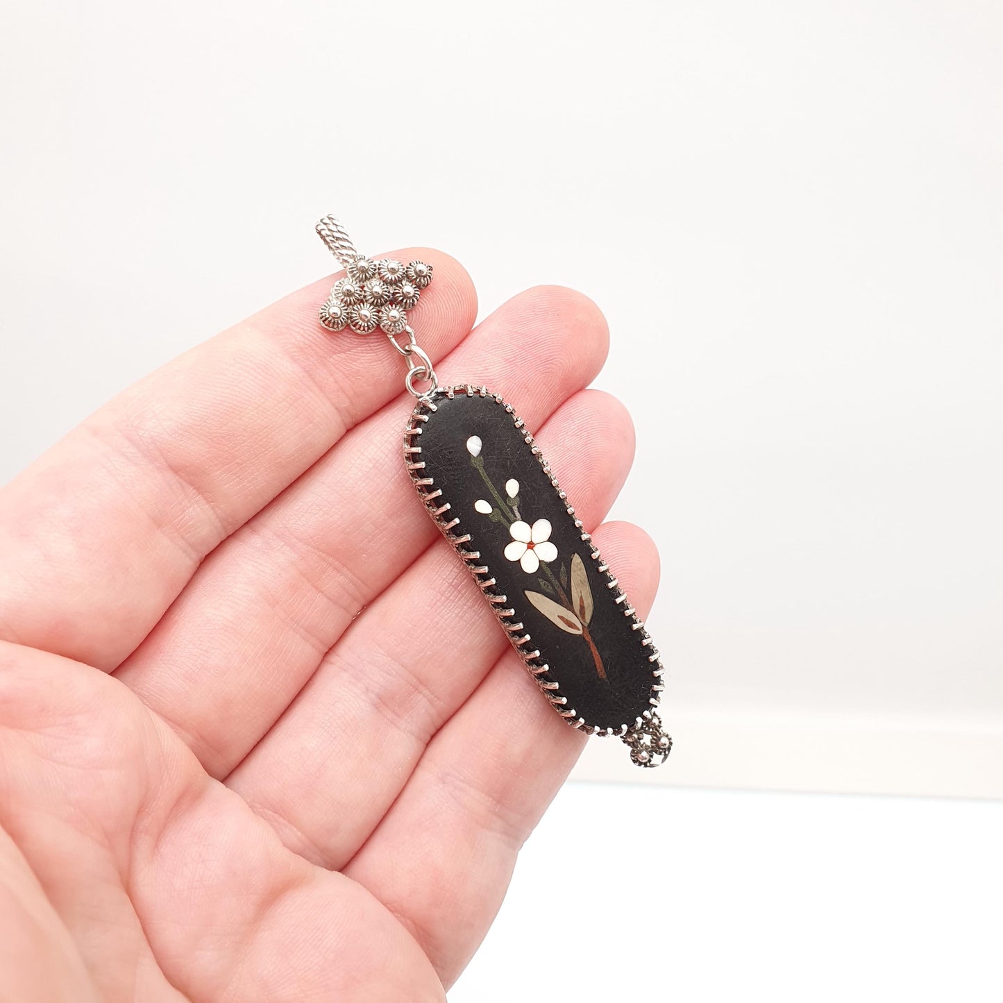 Antique Victorian Sterling Silver Pietra Dura Necklace Pendant Large Marble Flower Mosaic Solid 925 1800s Vintage Womens Jewellery Jewelry