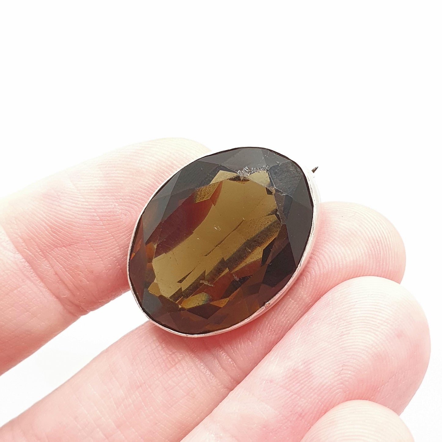 Antique Solid Silver Smoky Quartz Paste Brooch Large Big Oval Cut Victorian Brown Glass Gemstone Smokey Womens Jewelry Jewellery Vintage