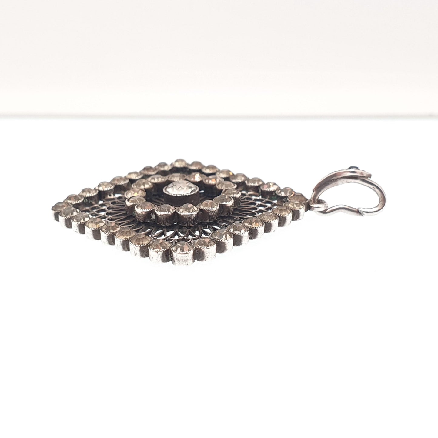 Antique Solid Silver Diamond Paste Pendant Dreamcatcher Web Spiral Necklace Large Square Art Deco Sparkly Vintage Womens Jewellery Jewelry