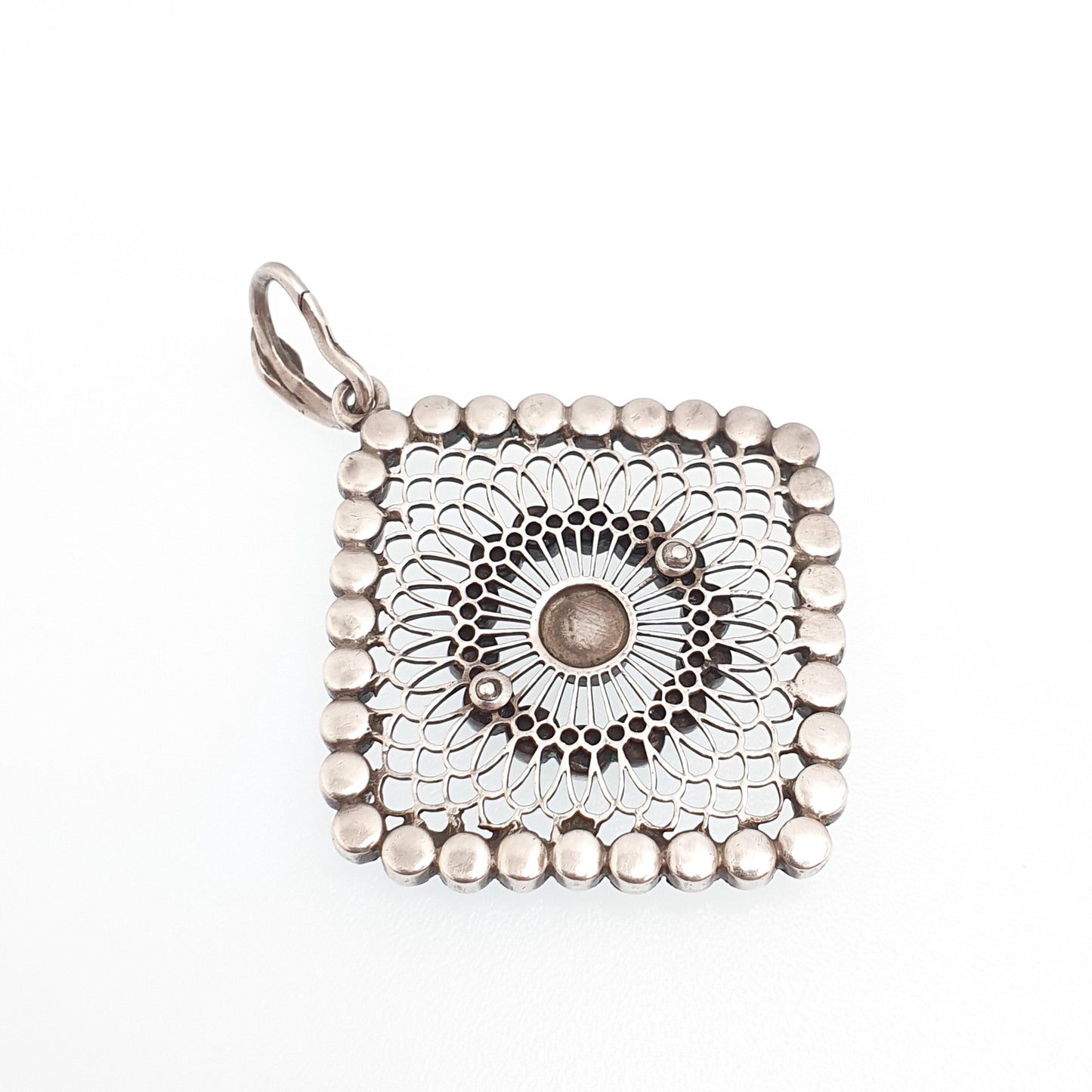Antique Solid Silver Diamond Paste Pendant Dreamcatcher Web Spiral Necklace Large Square Art Deco Sparkly Vintage Womens Jewellery Jewelry