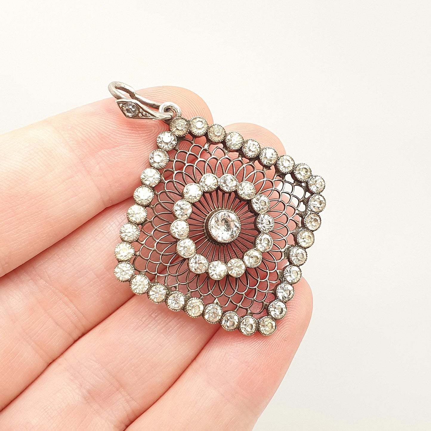 Antique Solid Silver Diamond Paste Pendant Dreamcatcher Web Spiral Necklace Large Square Art Deco Sparkly Vintage Womens Jewellery Jewelry