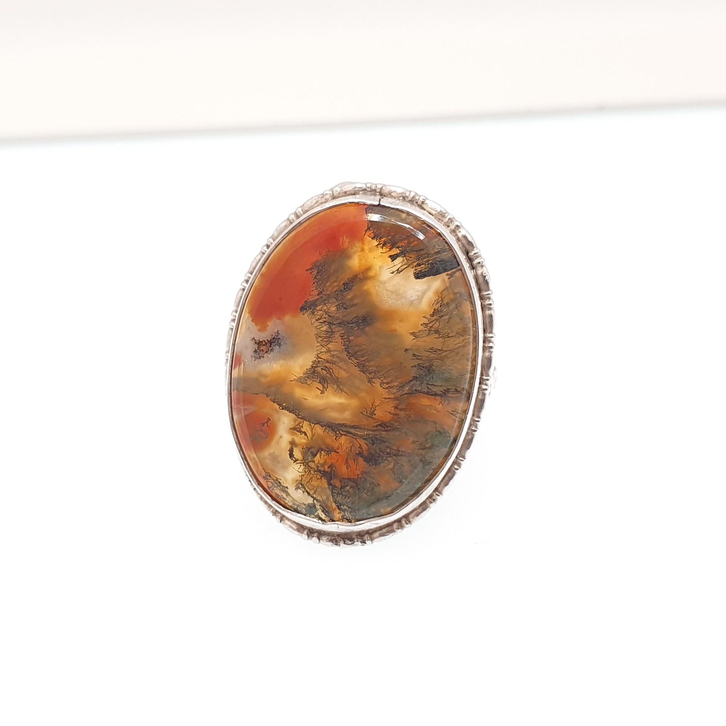 Antique Solid Silver Moss Agate Ring Large Big Cabochon Natural Gemstone Branch Veined Quartz Statement Signet Womens Jewellery Jewelry