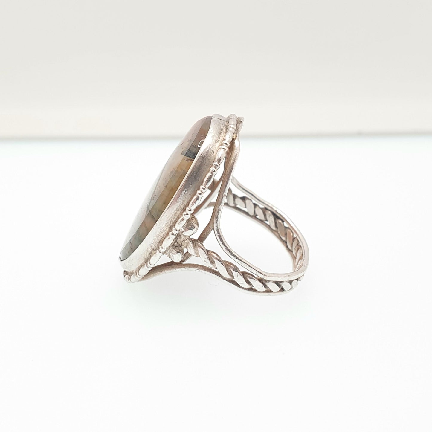 Antique Solid Silver Moss Agate Ring Large Big Cabochon Natural Gemstone Branch Veined Quartz Statement Signet Womens Jewellery Jewelry