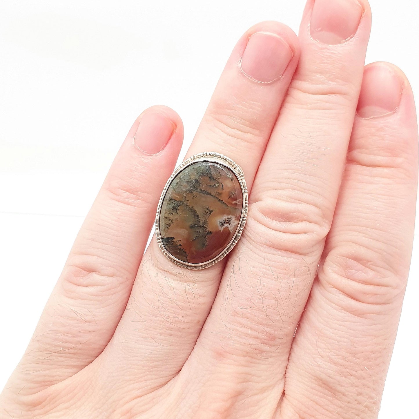 Antique Solid Silver Moss Agate Ring Large Big Cabochon Natural Gemstone Branch Veined Quartz Statement Signet Womens Jewellery Jewelry