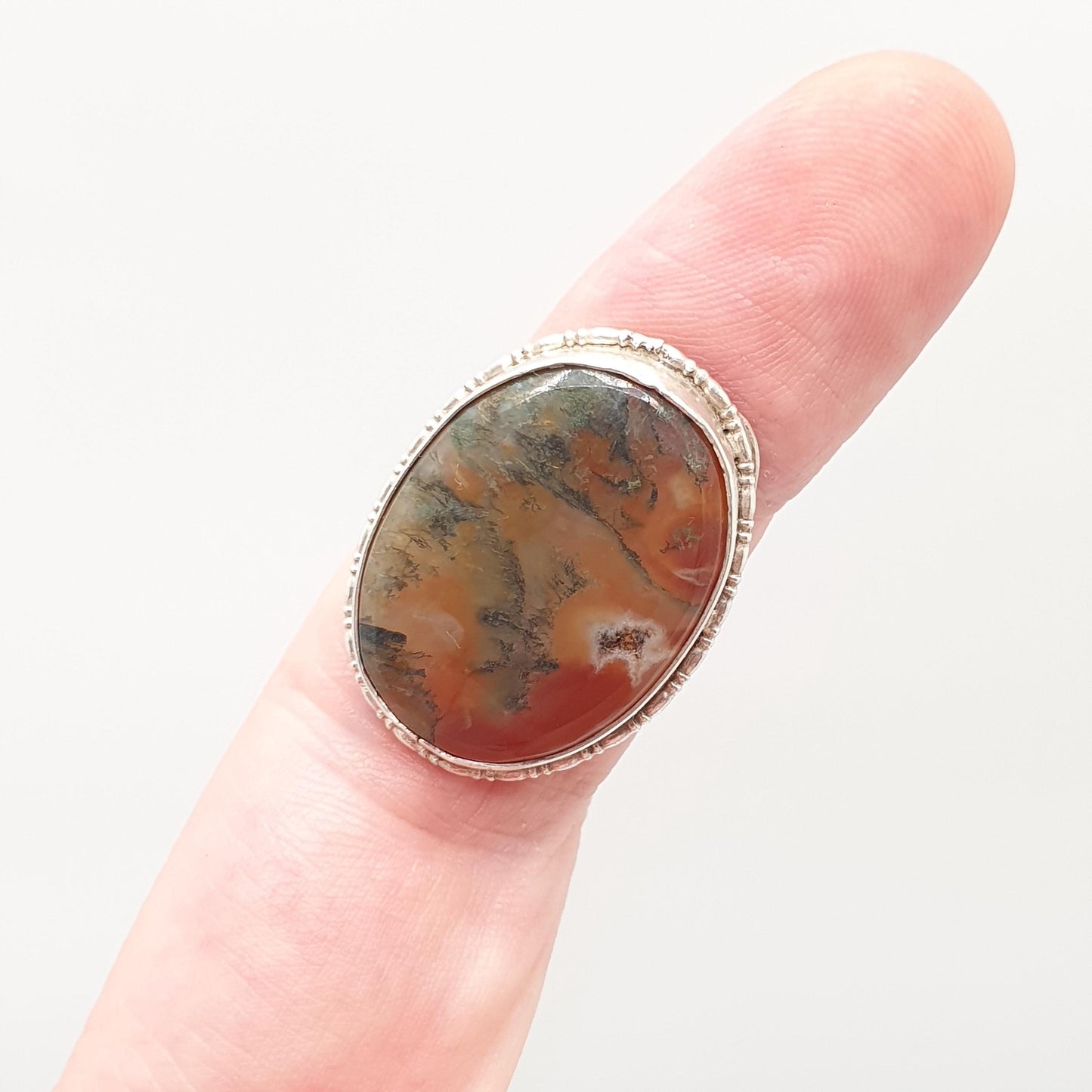 Antique Solid Silver Moss Agate Ring Large Big Cabochon Natural Gemstone Branch Veined Quartz Statement Signet Womens Jewellery Jewelry