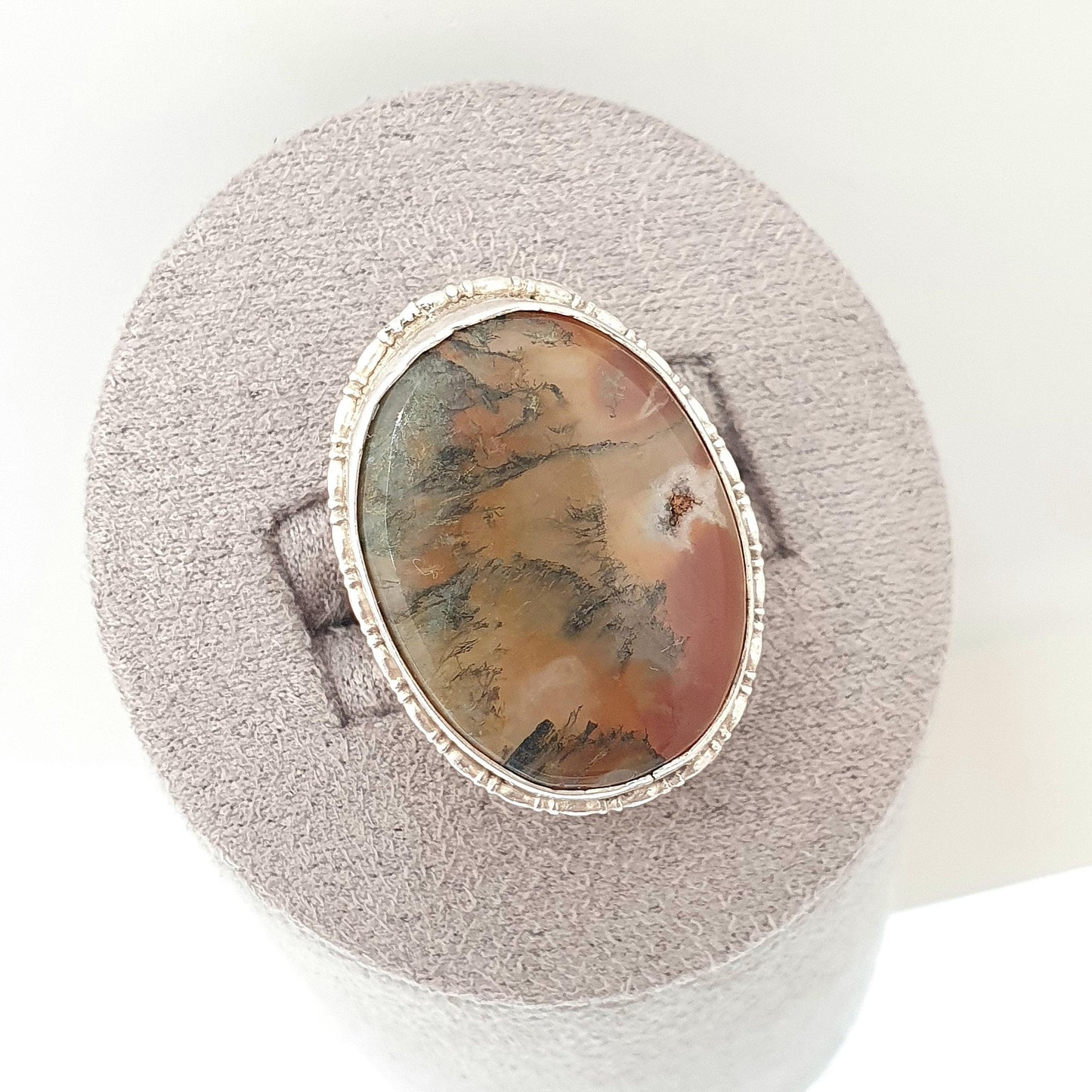 Antique Solid Silver Moss Agate Ring Large Big Cabochon Natural Gemstone Branch Veined Quartz Statement Signet Womens Jewellery Jewelry