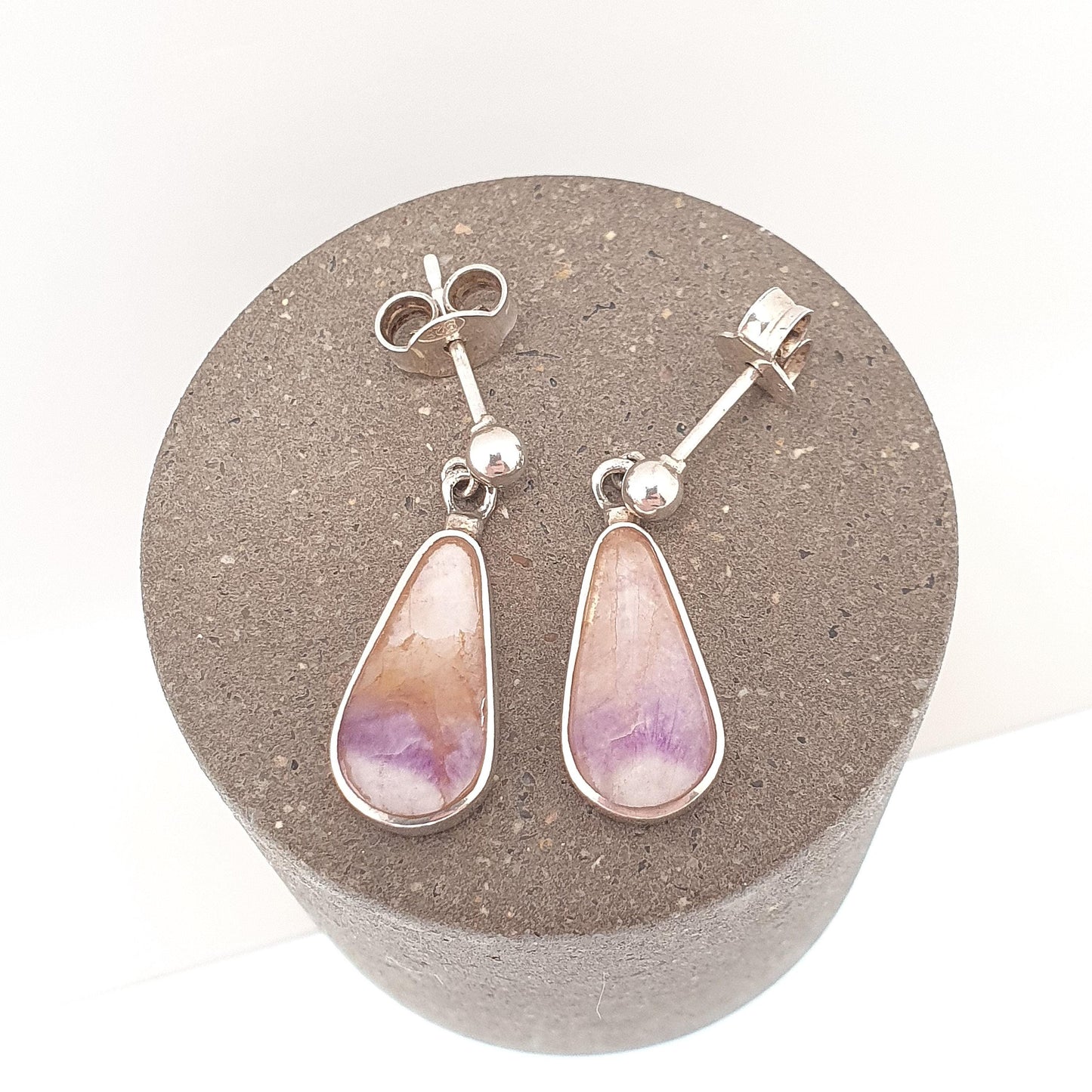 Vintage Blue John Sterling Silver Earrings Stud Hanging Pear Teardrop Drop Cabochon Bleu Jaune Womens 925 Gemstone Jewelry Jewellery