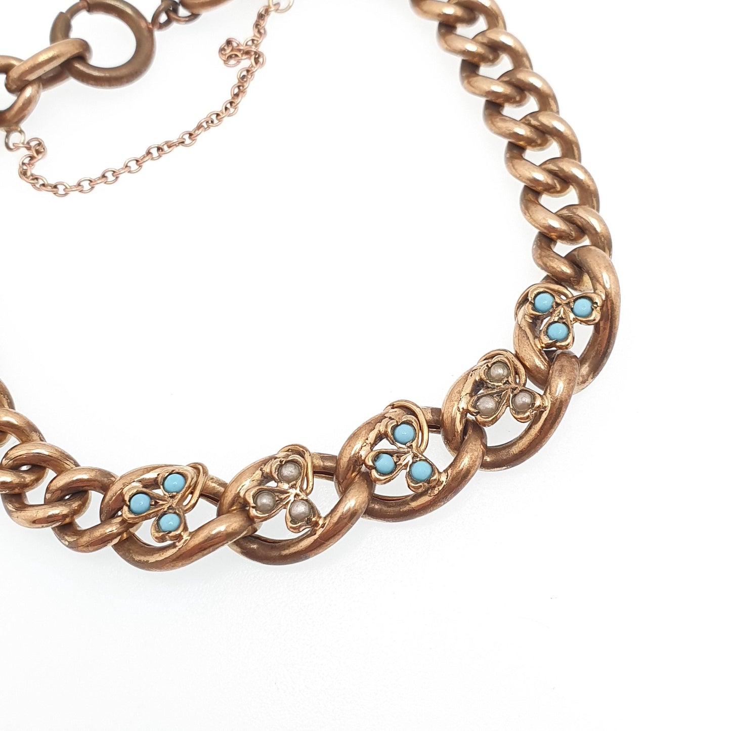 Antique Rolled Gold Filled Clover Bracelet Victorian Curb Link Faux Turquoise & Pearl 22cm 8.6" 26.88g Jewelry Jewellery Womens