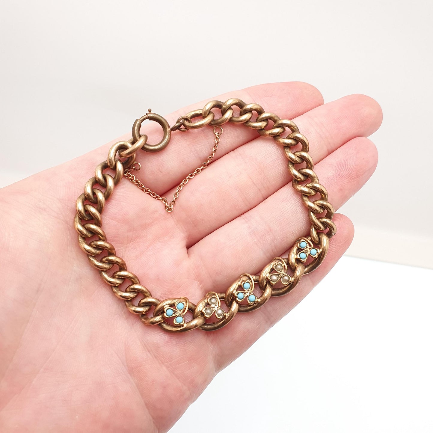 Antique Rolled Gold Filled Clover Bracelet Victorian Curb Link Faux Turquoise & Pearl 22cm 8.6" 26.88g Jewelry Jewellery Womens