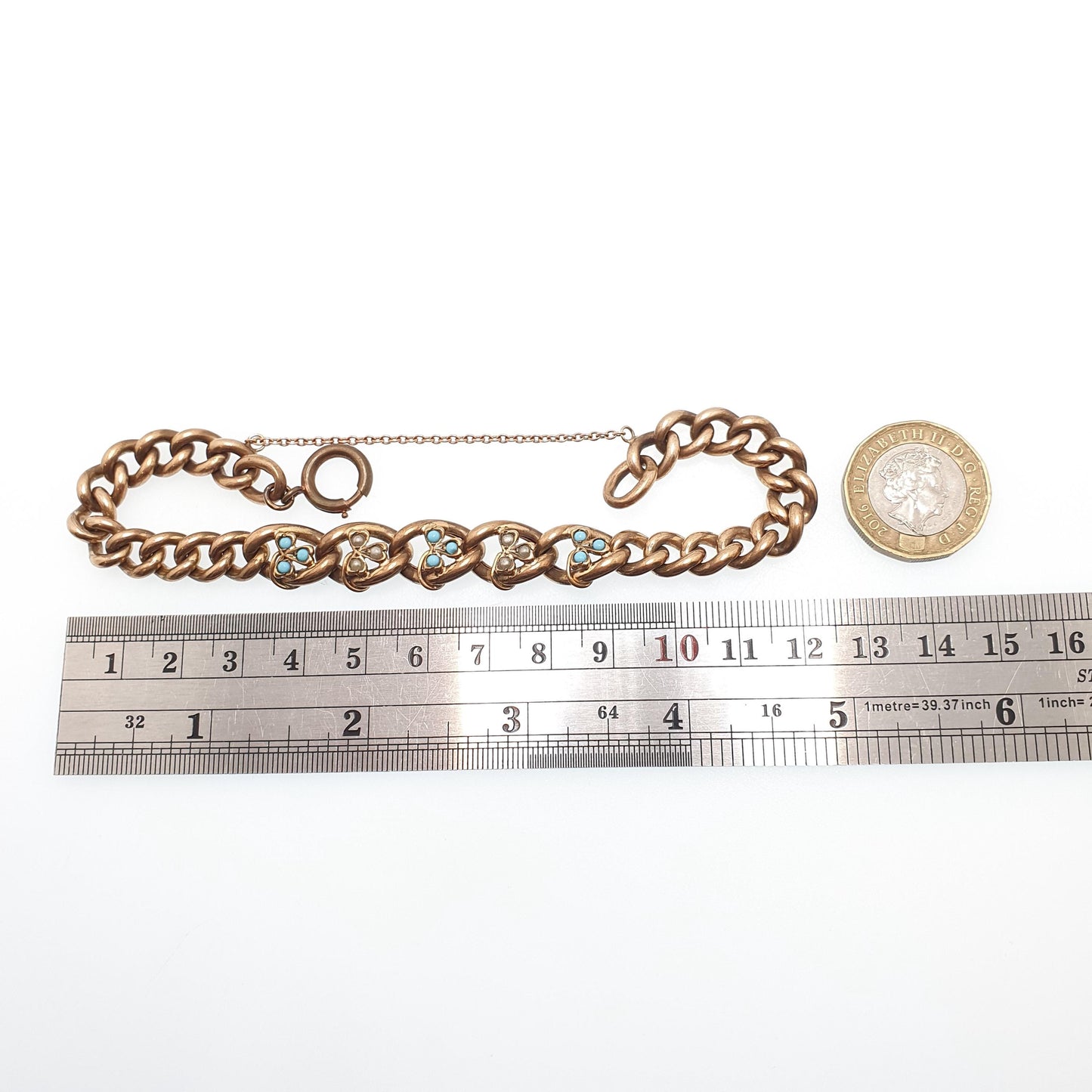 Antique Rolled Gold Filled Clover Bracelet Victorian Curb Link Faux Turquoise & Pearl 22cm 8.6" 26.88g Jewelry Jewellery Womens