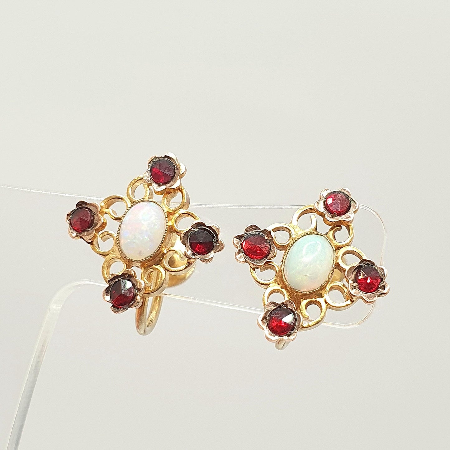 Antique 9k 9ct Gold Opal & Garnet Earrings Victorian White Opals Solid 375 Oval Cut Cabochon Vintage Gemstone Womens Jewelry Jewellery