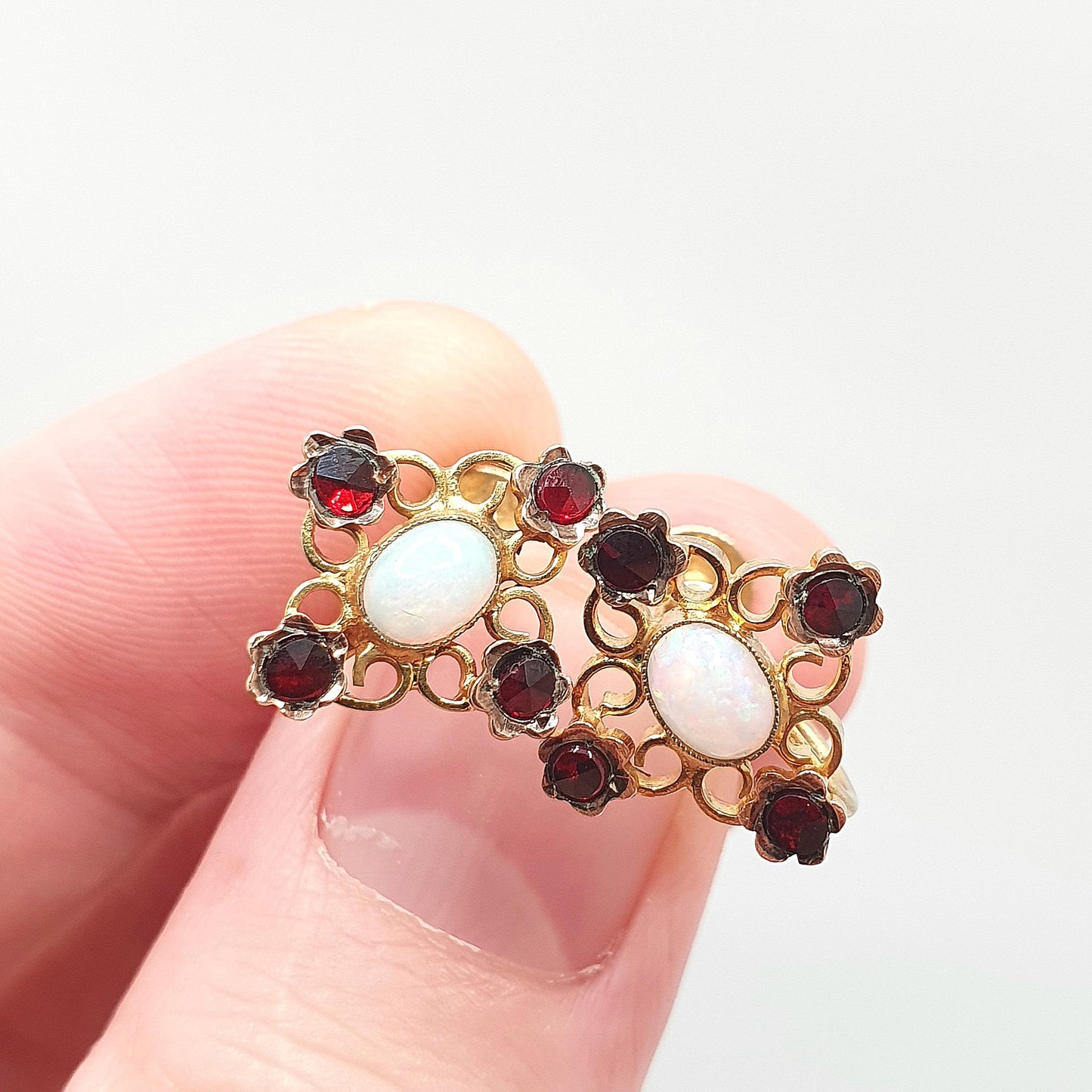 Antique 9k 9ct Gold Opal & Garnet Earrings Victorian White Opals Solid 375 Oval Cut Cabochon Vintage Gemstone Womens Jewelry Jewellery