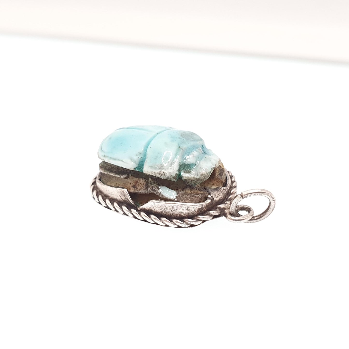 Old Vintage Solid Silver Scarab Beetle Necklace Pendant Faience Enamel Egyptian Revival Insect Animal Mens Womens Jewelry Jewellery