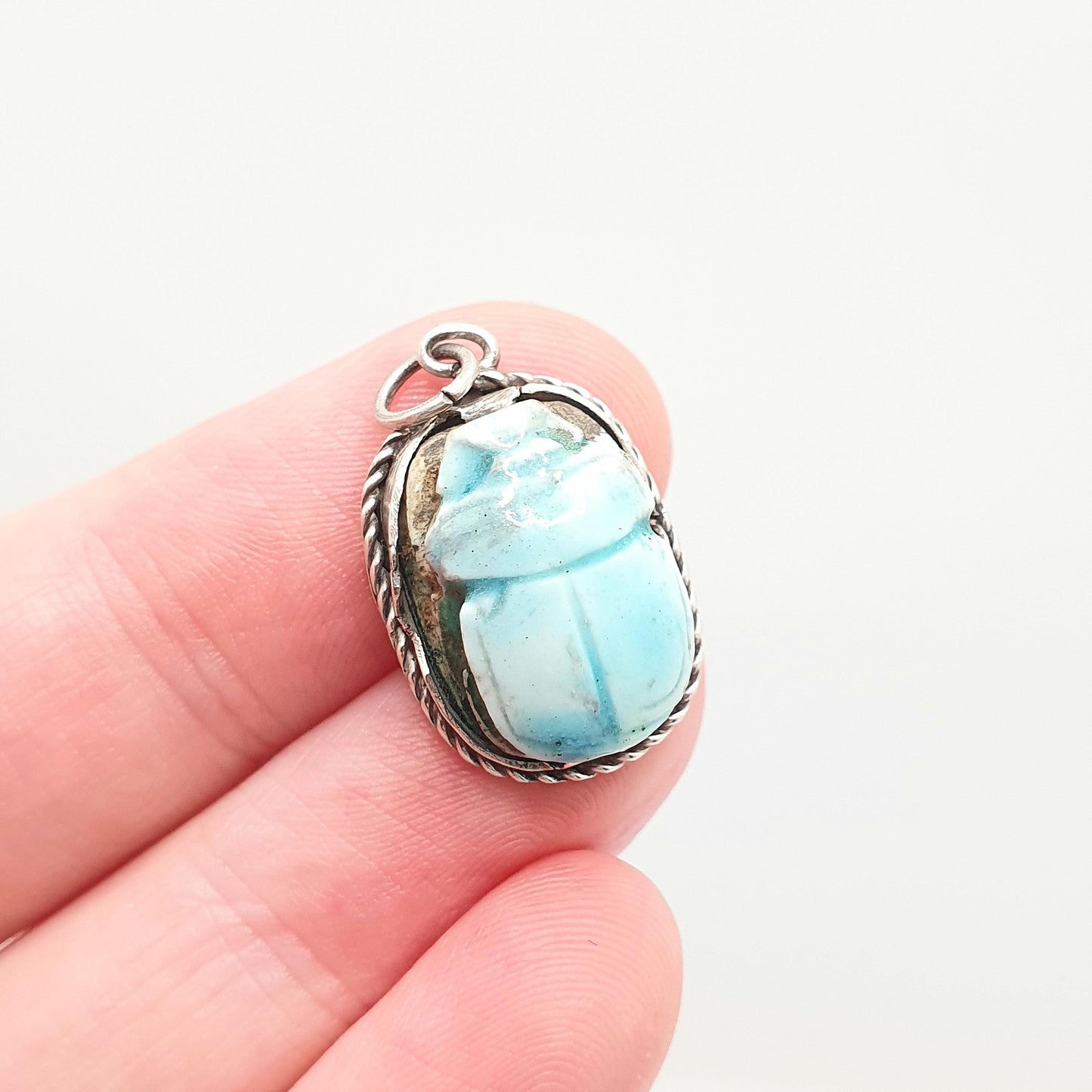 Old Vintage Solid Silver Scarab Beetle Necklace Pendant Faience Enamel Egyptian Revival Insect Animal Mens Womens Jewelry Jewellery