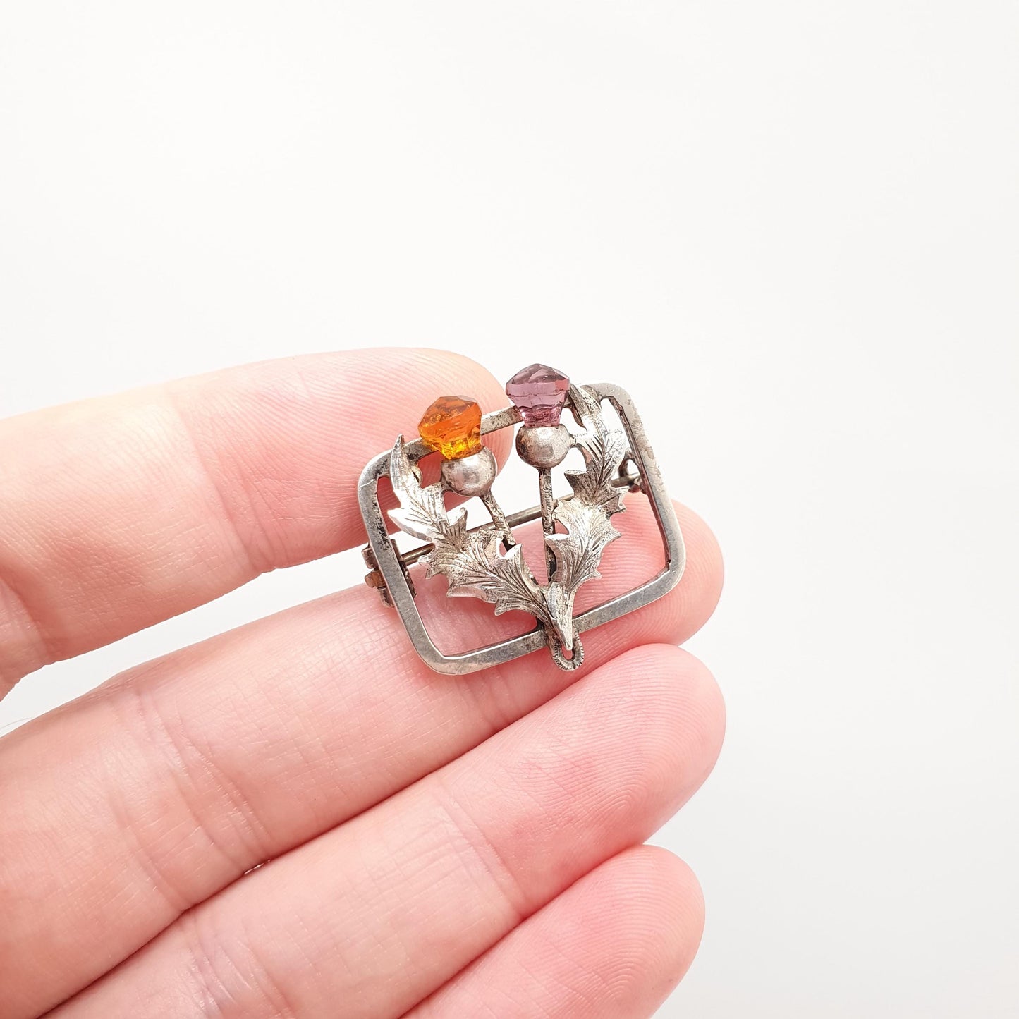 Antique Victorian Sterling Silver Thistle Brooch Amethyst & Citrine Pastes Scottish Flower of Scotland Celtic Vintage Jewelry Jewellery
