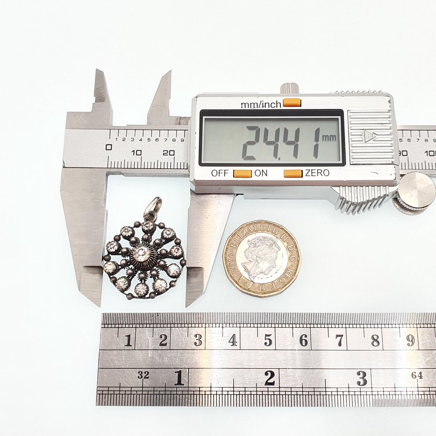 Antique Solid Silver Diamond Paste Pendant Necklace Scandinavian Filigree Norwegian Solje Style Foiled Sparkly Womens Jewelry Jewellery