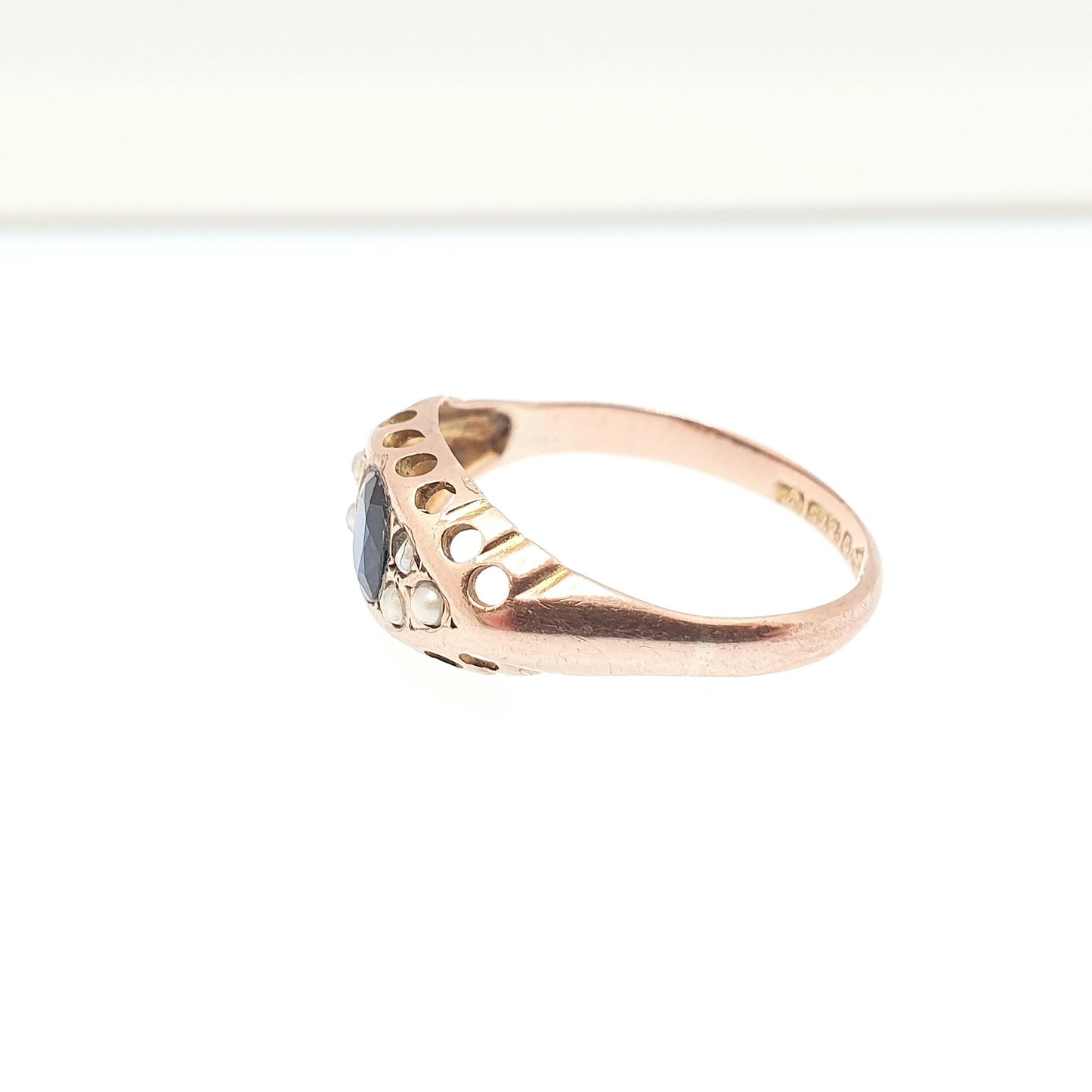 Antique 9ct Rose Gold Sapphire Ring 1918 Hallmark Seed Pearl Solid 375 9k 9kt Blue Oval Gemstone Womens Vintage Jewelry Jewellery