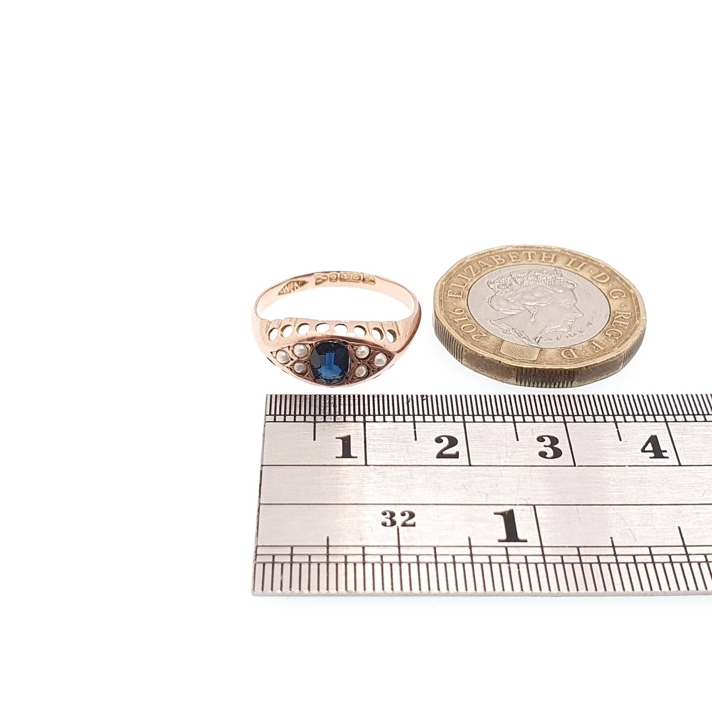 Antique 9ct Rose Gold Sapphire Ring 1918 Hallmark Seed Pearl Solid 375 9k 9kt Blue Oval Gemstone Womens Vintage Jewelry Jewellery