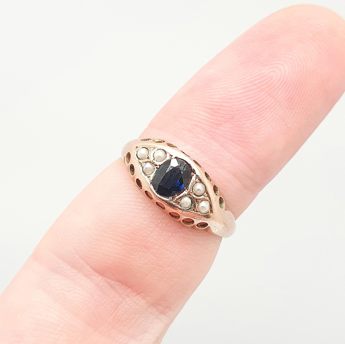 Antique 9ct Rose Gold Sapphire Ring 1918 Hallmark Seed Pearl Solid 375 9k 9kt Blue Oval Gemstone Womens Vintage Jewelry Jewellery