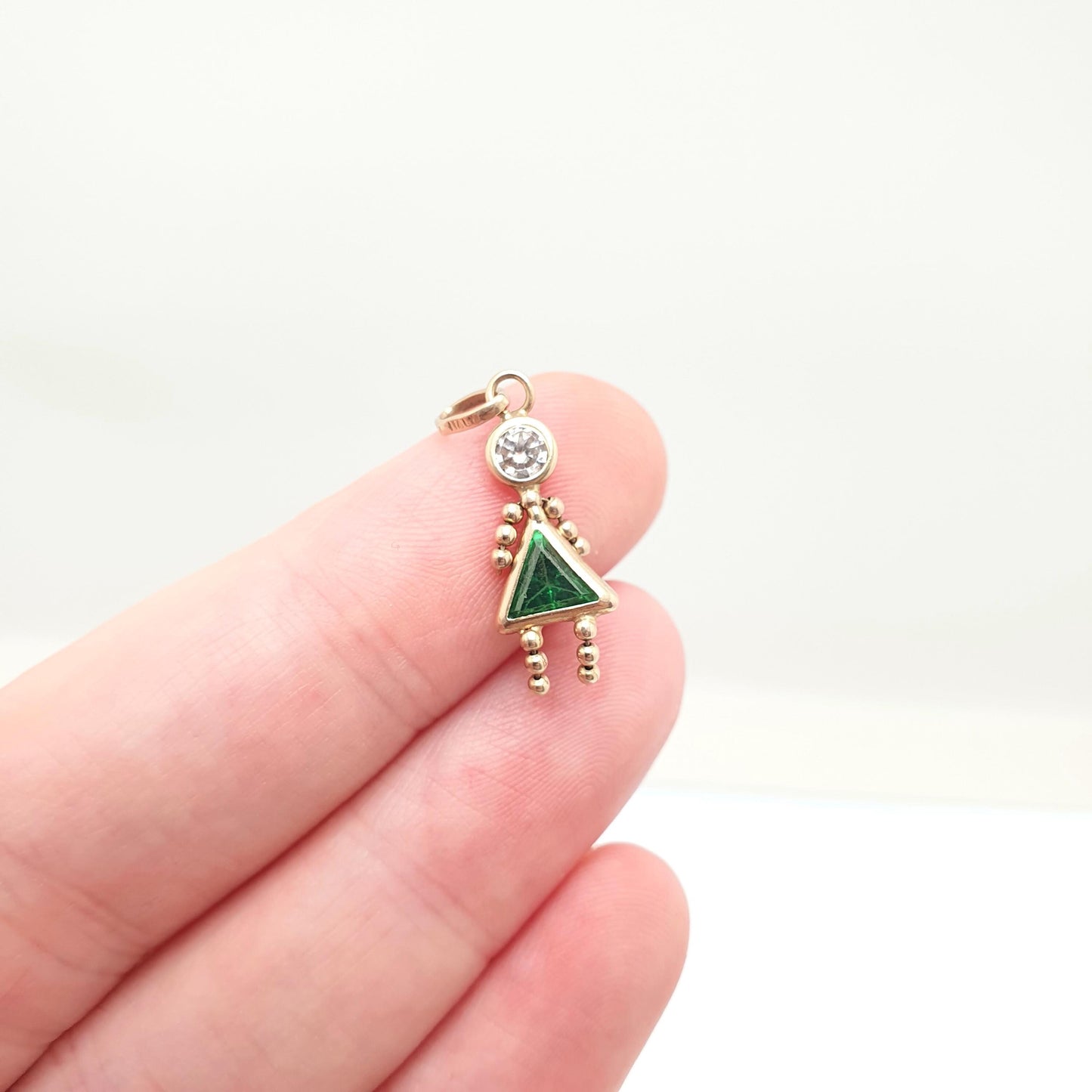Vintage 10k Gold Girl Ragdoll Doll Pendant Necklace Charm Emerald Paste Solid 417 10kt Necklace Cute Retro Womens Jewelry Jewellery