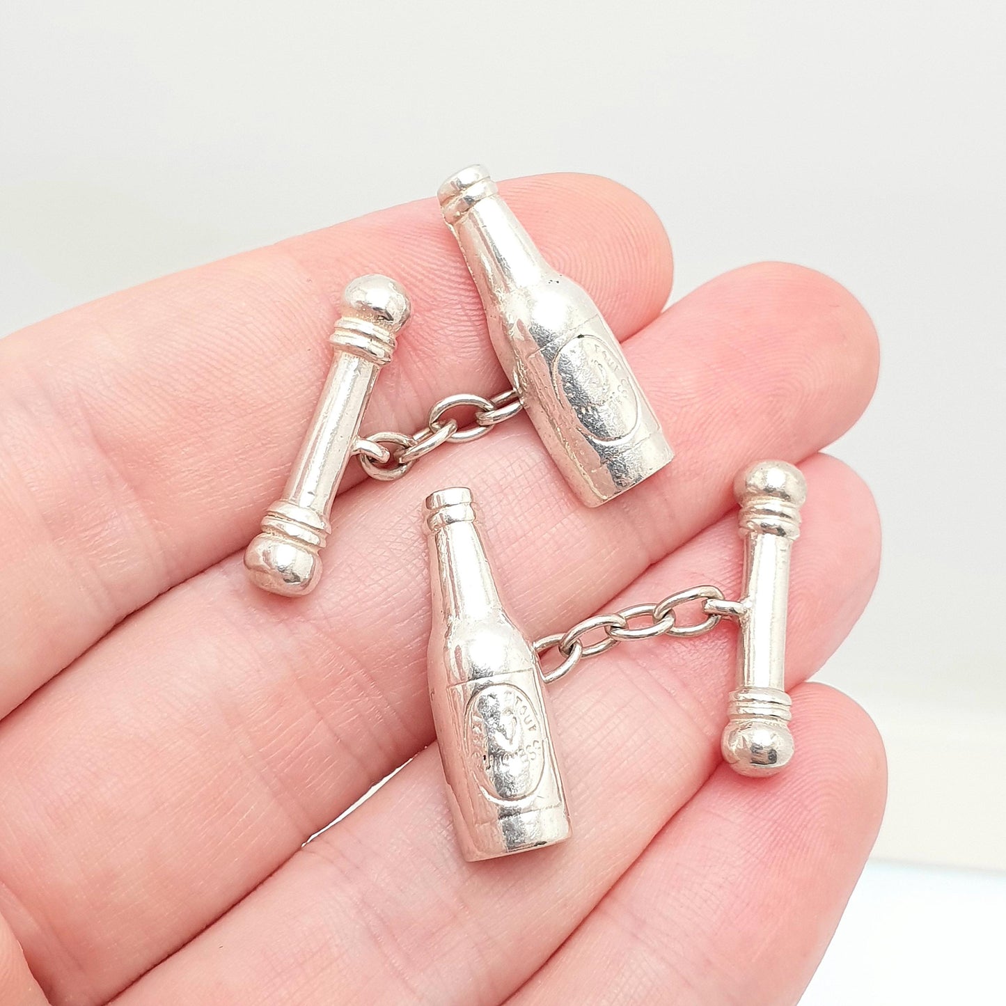 Old Vintage Sterling Silver Stout Beer Bottle Cufflinks Cuff Links Irish Drink Ireland Harp Heavy Solid Gift Gents Mens Jewelry Jewellery